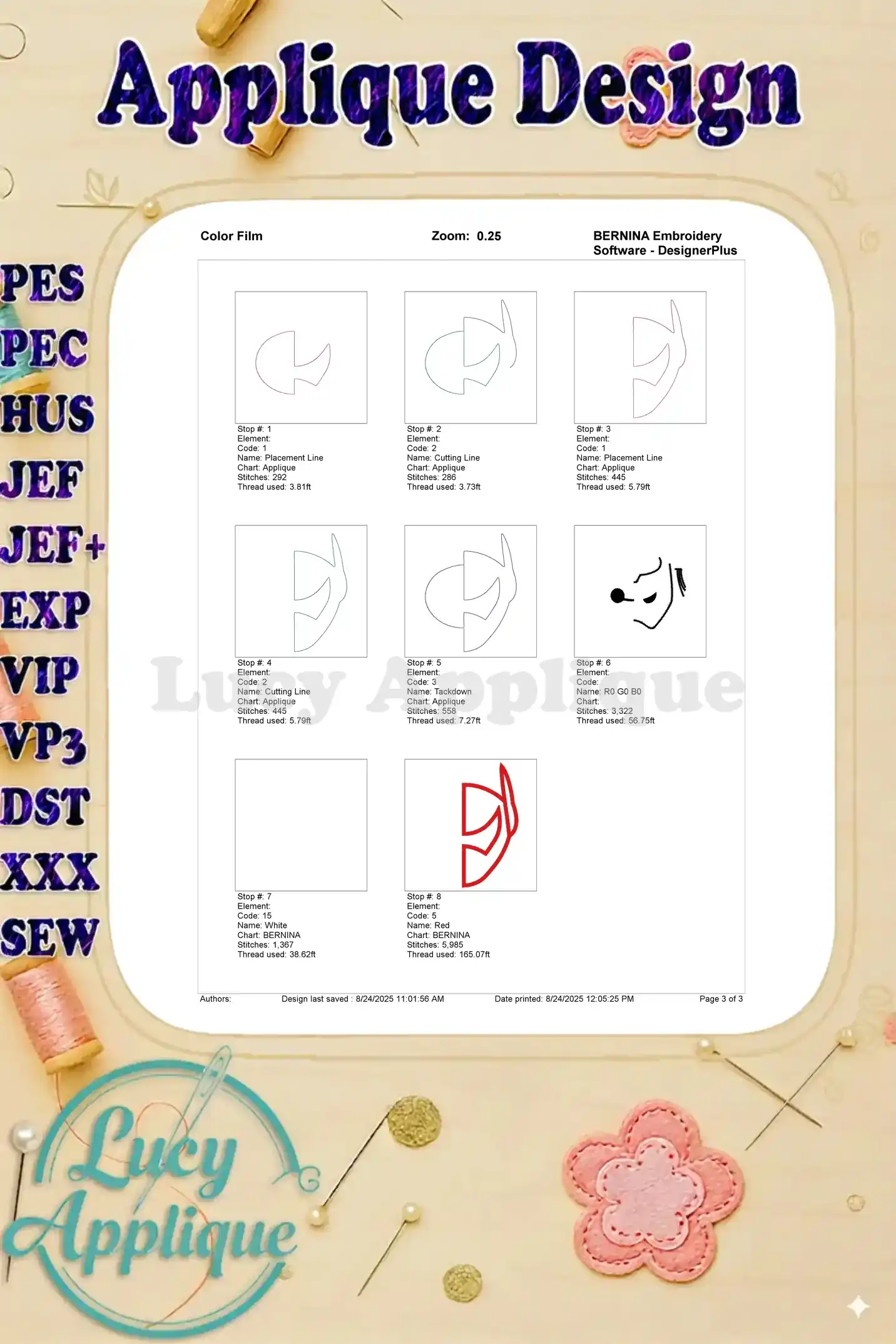 A color film showing the different steps and thread colors involved in creating the Big Hero 6 applique design.