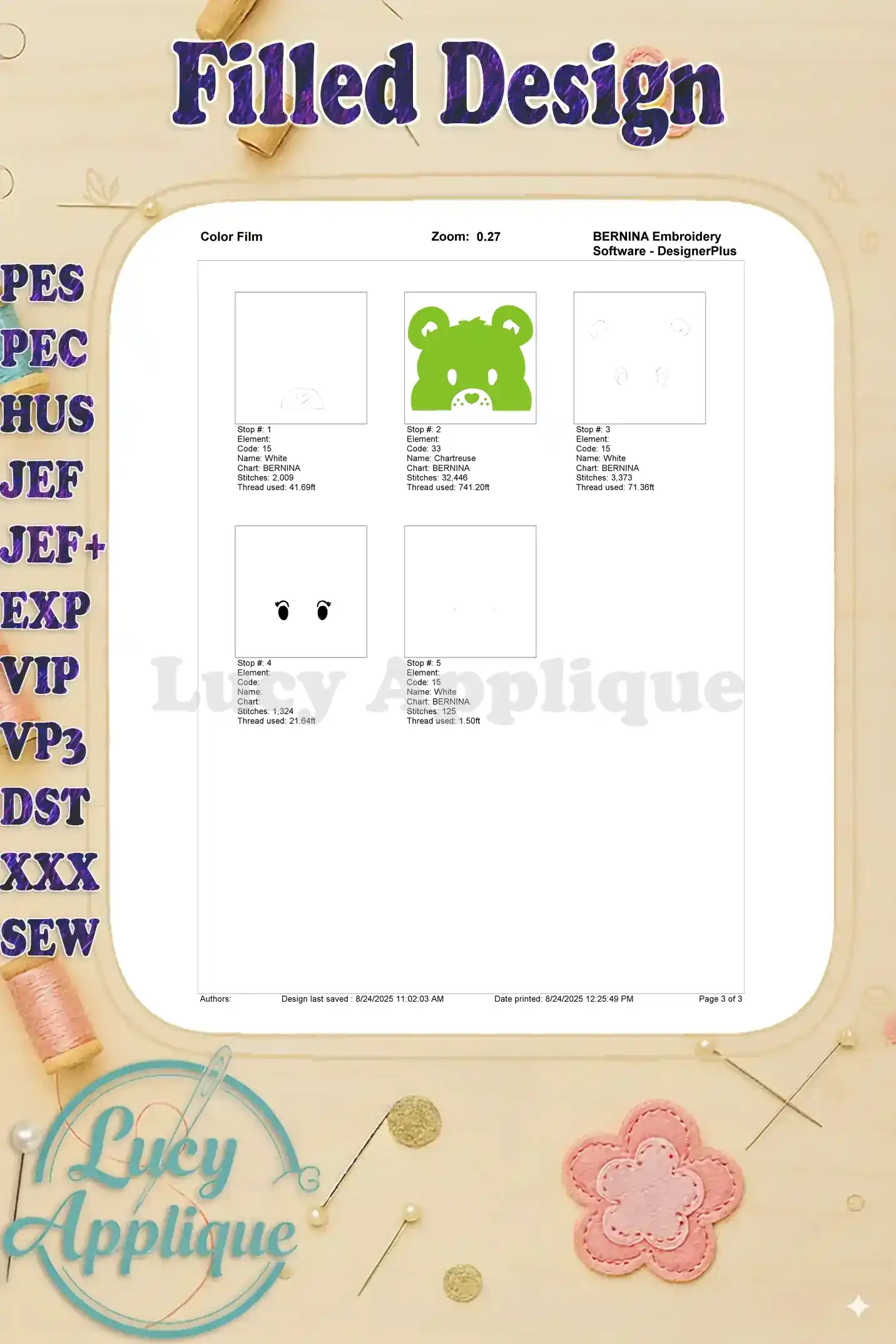 A color film showing thread colors and their corresponding steps in the Care Bear embroidery design process. A visual guide for accurate stitching.