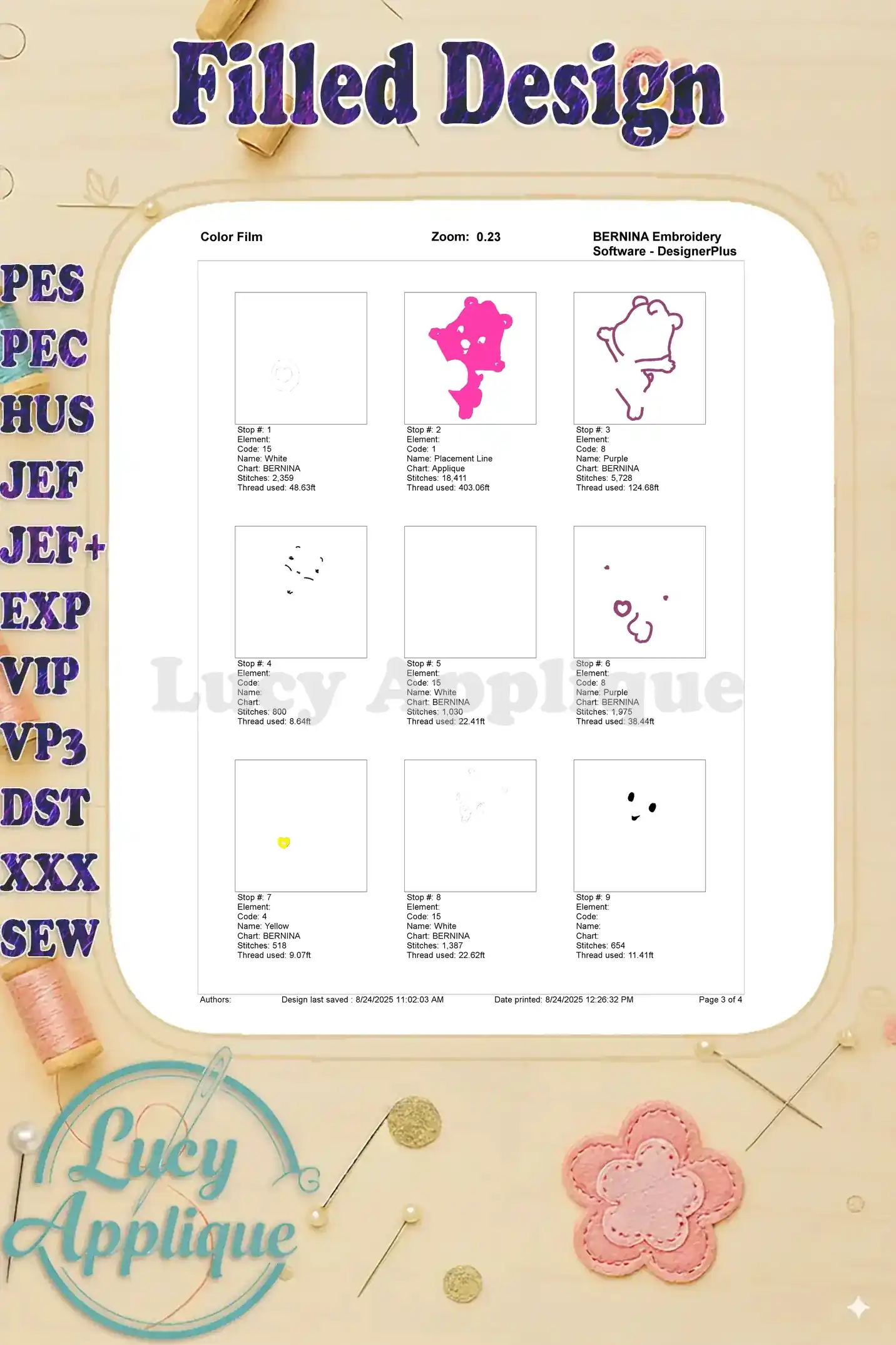Color film for Grumpy Bear embroidery, showing thread colors and stitch sequences for each step of the embroidery process.