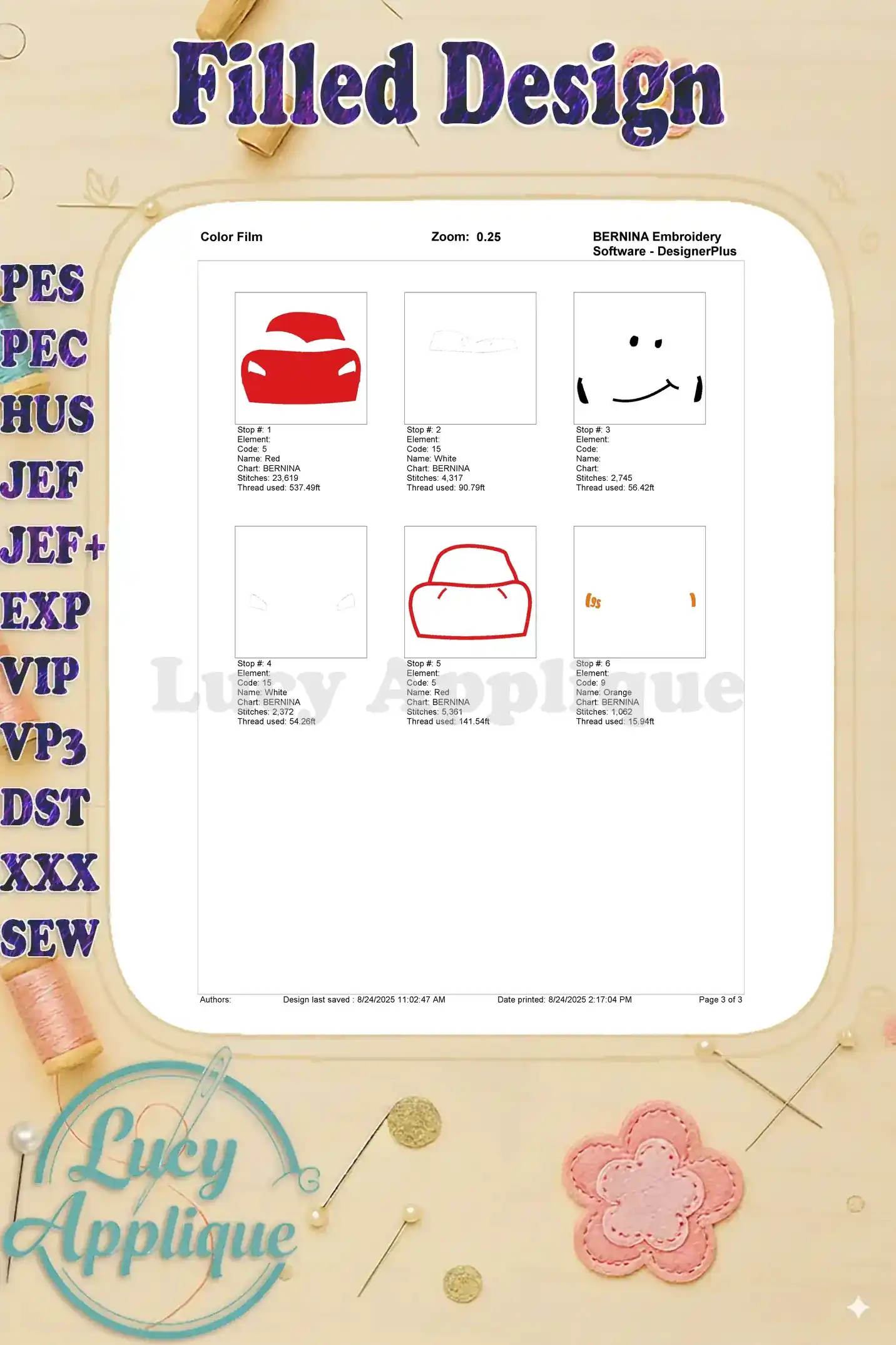 Color film showing thread colors and placement for the Lightning McQueen embroidery design. A visual guide for users to follow during the embroidery process.