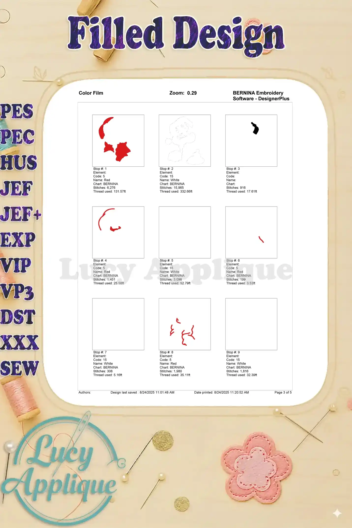 Detailed color film for the Dalmatian embroidery design, showing thread colors and placement for each step.