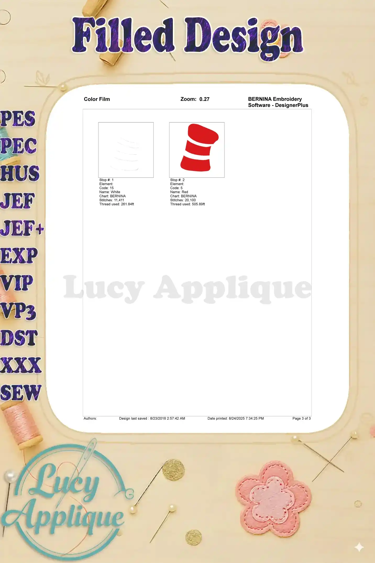 Color film for the Cat in the Hat embroidery design, showing the thread colors and their corresponding numbers.