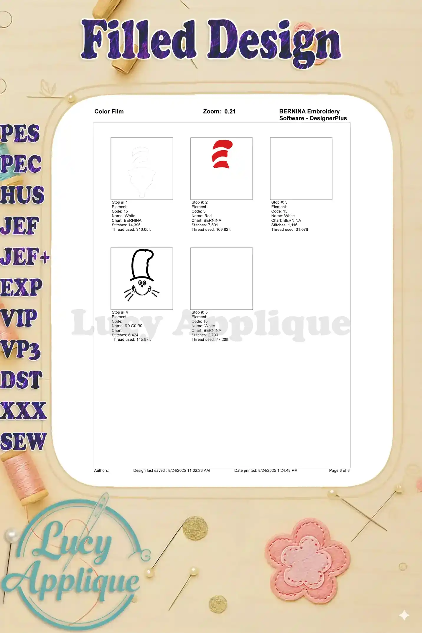 Color film showing individual steps and thread colors used in the Cat in the Hat embroidery design. Easy to follow!