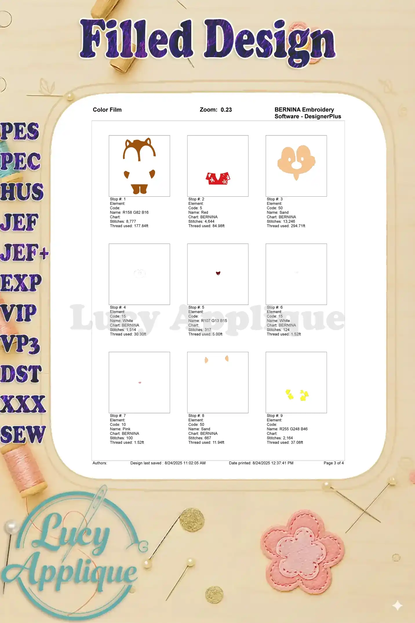 Color film for Chip and Dale embroidery. Each section shows the thread color, name, and code for easy reference during the embroidery process.