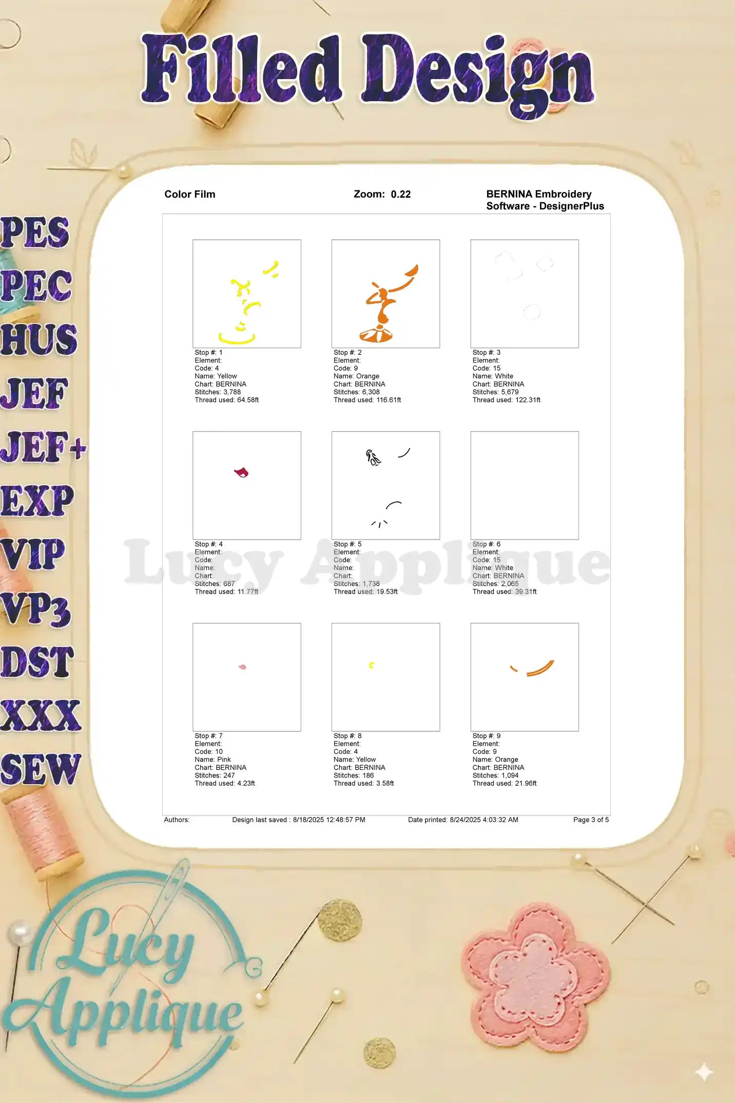 Color film showing thread usage for Lumiere's embroidery design. Each section displays a small part of the design and corresponding thread color.