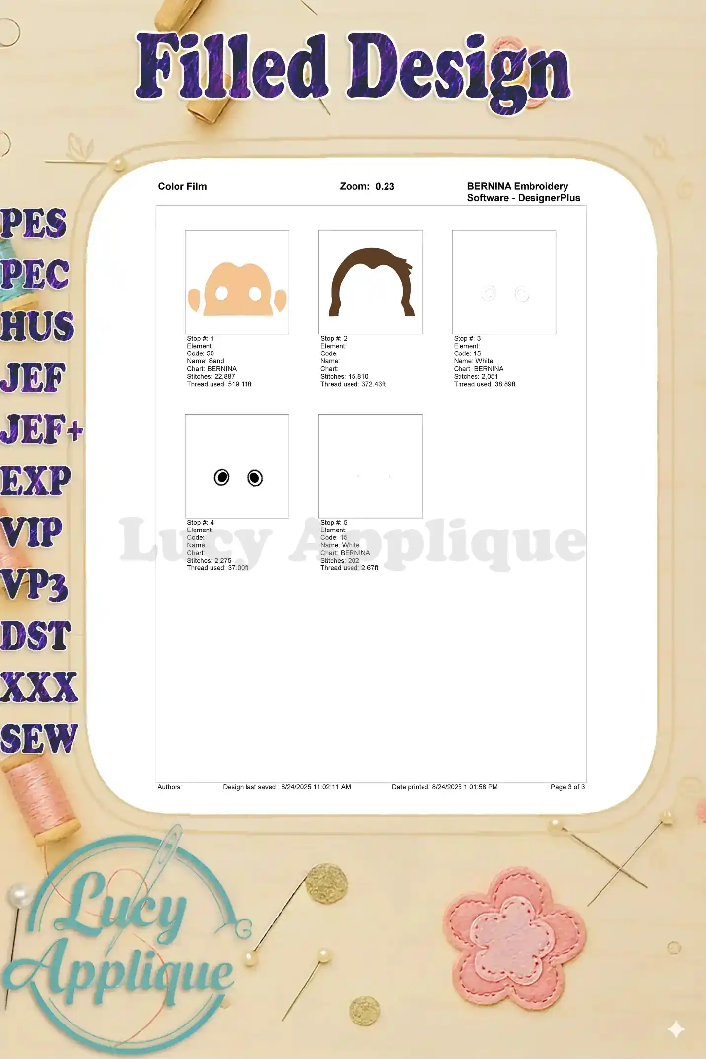 Color film for the Curious George embroidery design, showing thread colors and placement for each step. A visual guide for embroiderers.