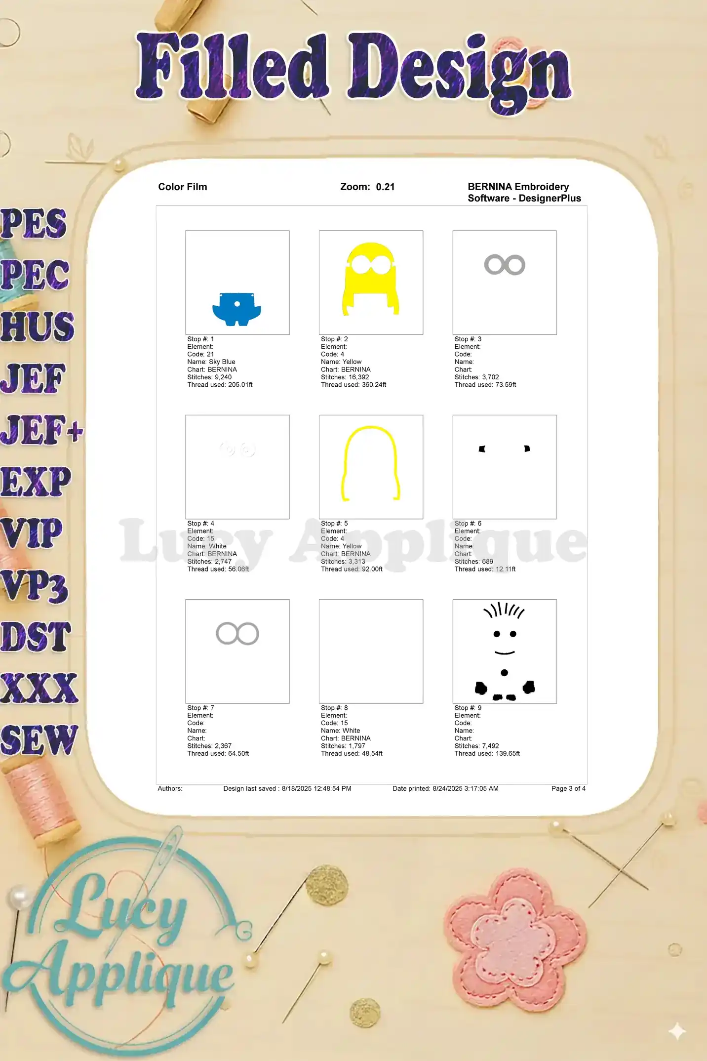 Color film for the Jerry the Minion embroidery design, showing each step's color and thread information.