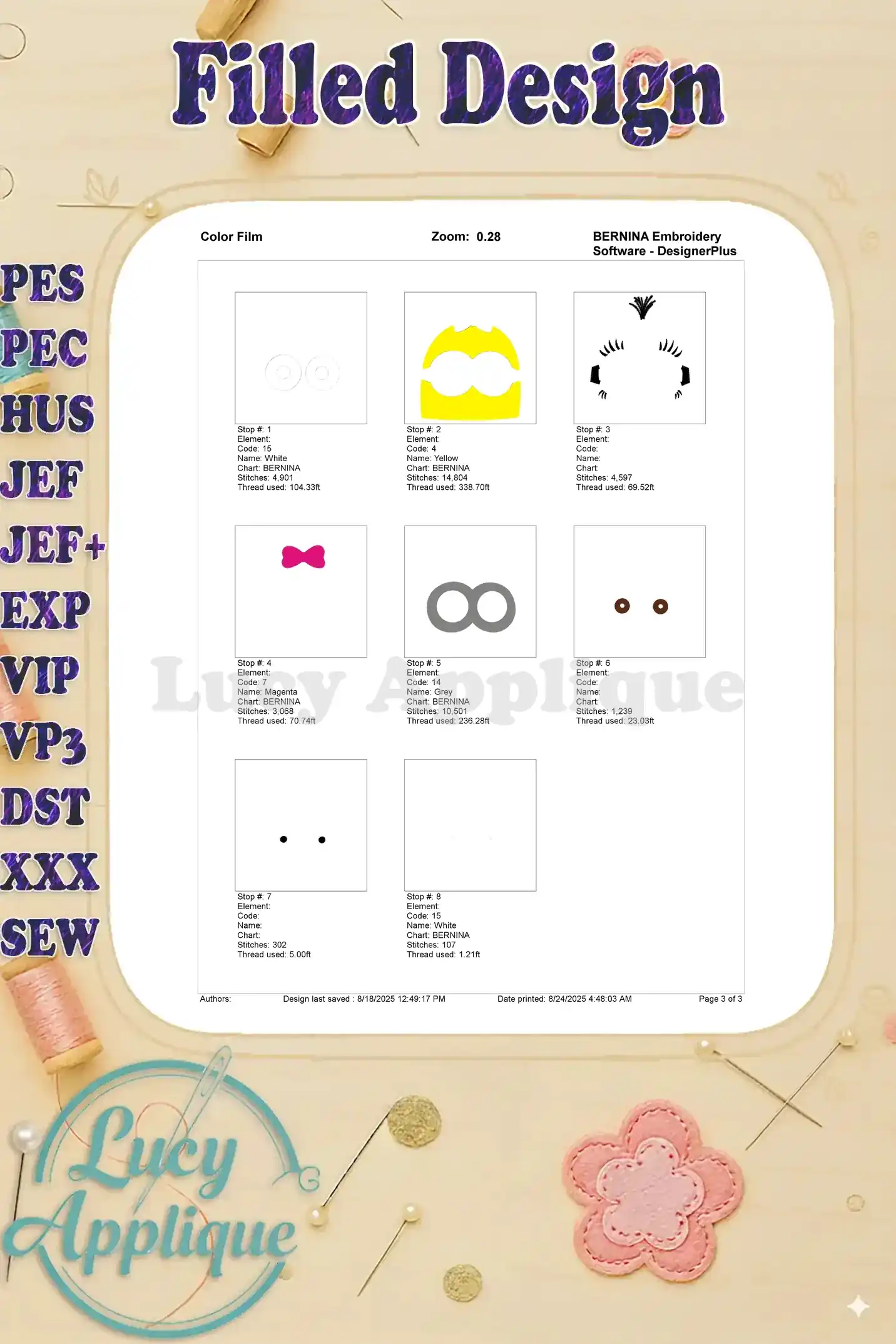 Color film for the Minion girl embroidery design, showing individual thread colors and their corresponding stitch sections.