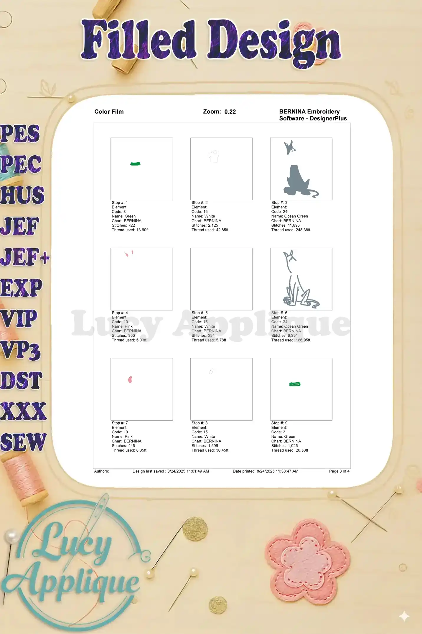 Color film for the Astro the Jetsons embroidery design, showing the different thread colors and their usage in the design.