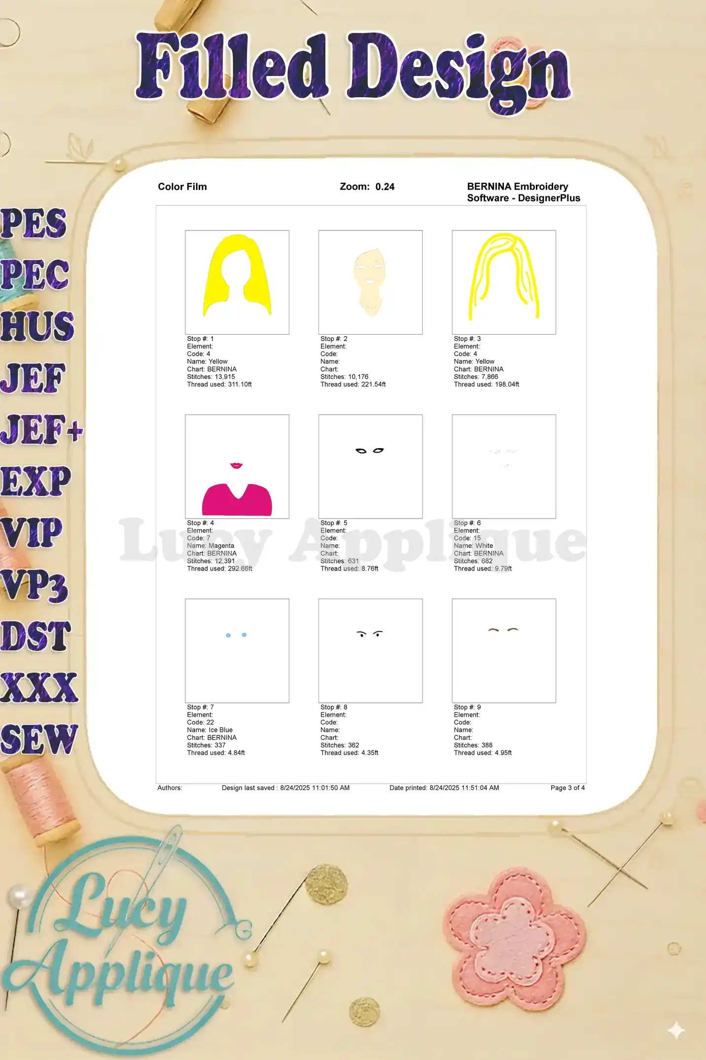 Color film showing individual steps of Barbie head embroidery, highlighting thread colors and stitch placement. BERNINA format.