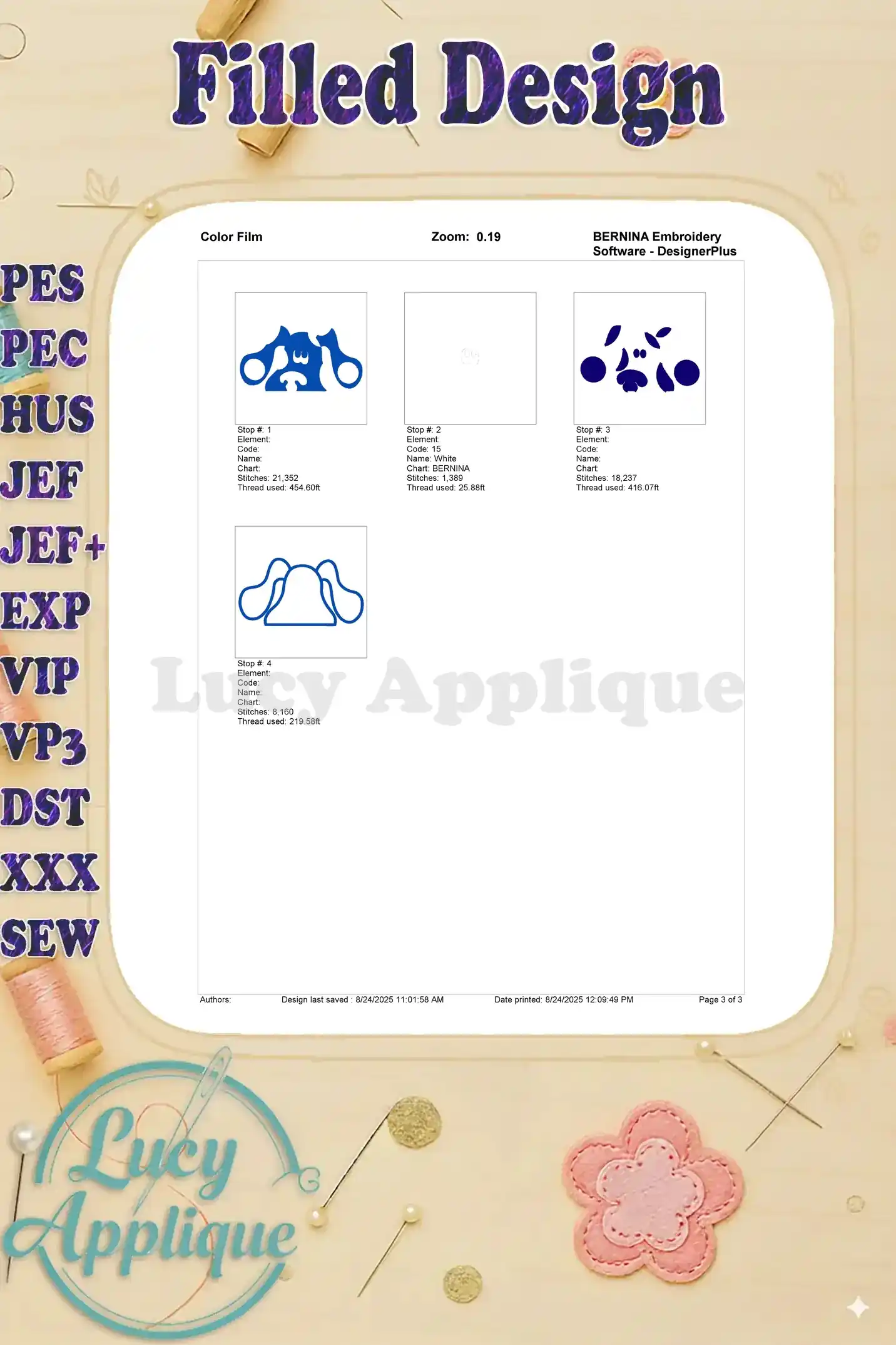 Color film showing thread colors and their corresponding numbers for the Blue's Clues embroidery design. A guide for accurate color matching.