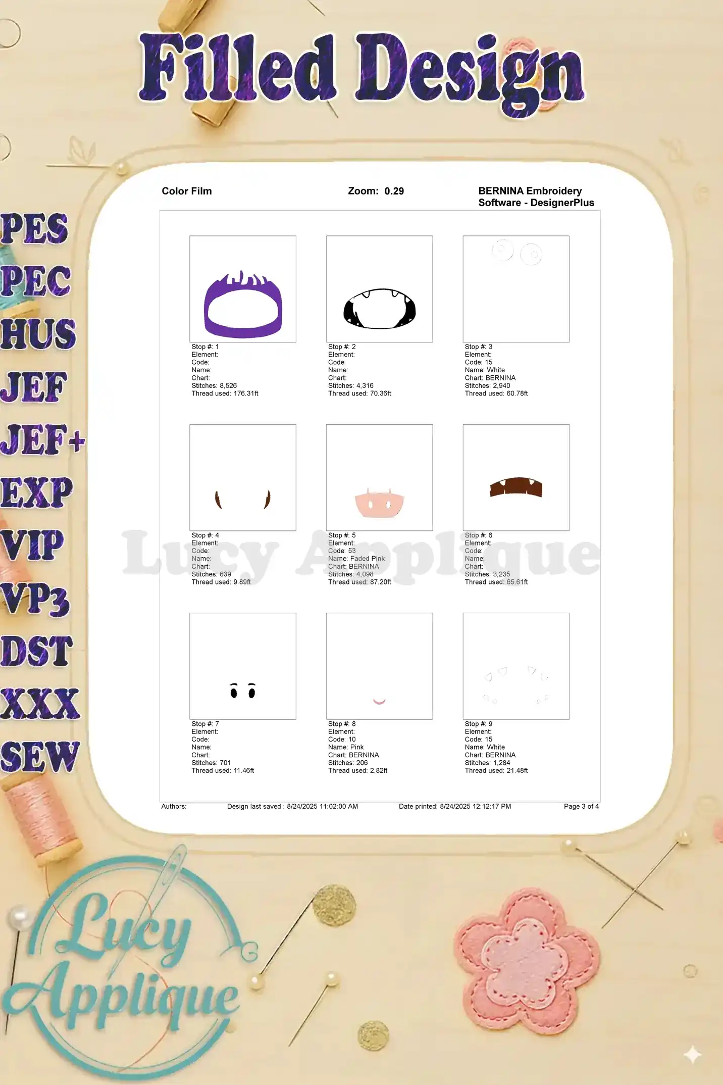 A color film showing the thread colors and placement for each step in the Boo Monsters Inc emoji embroidery design. Easy to follow instructions provided!