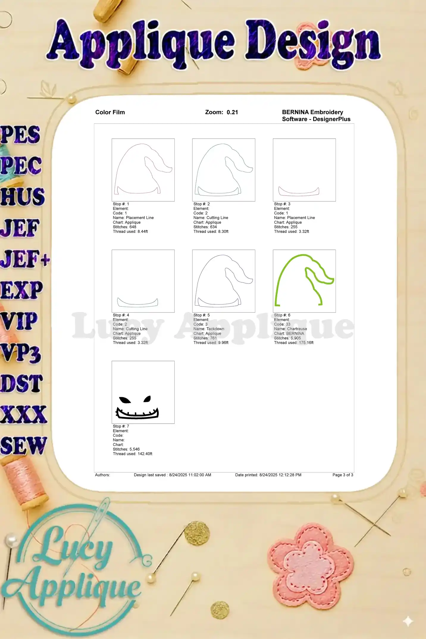 A color film showing different steps and thread colors used in the Boogie Man head applique embroidery design, providing a visual guide for the embroidery process.