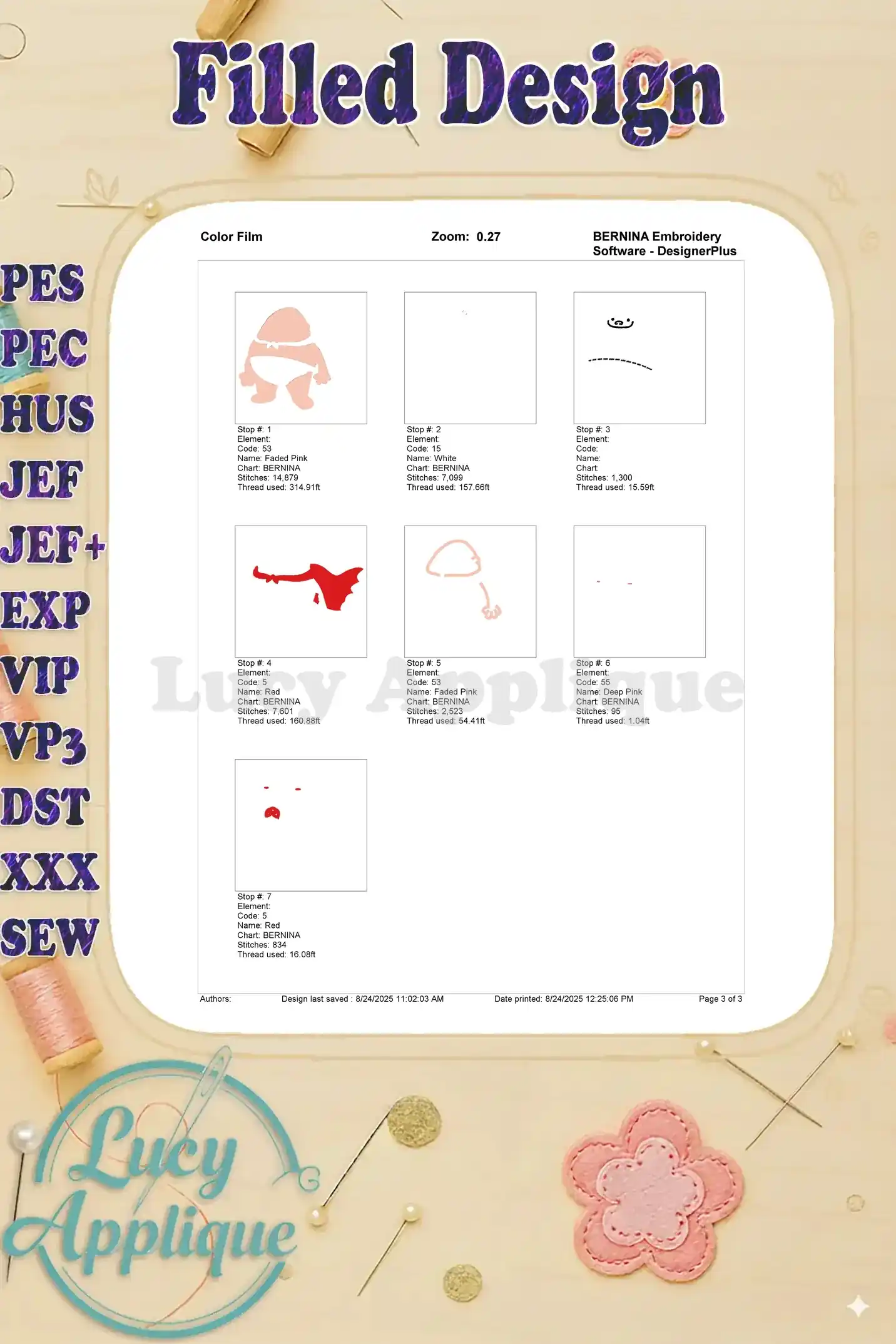 A color film for the Captain Underpants embroidery design, showing the different thread colors and their corresponding numbers.