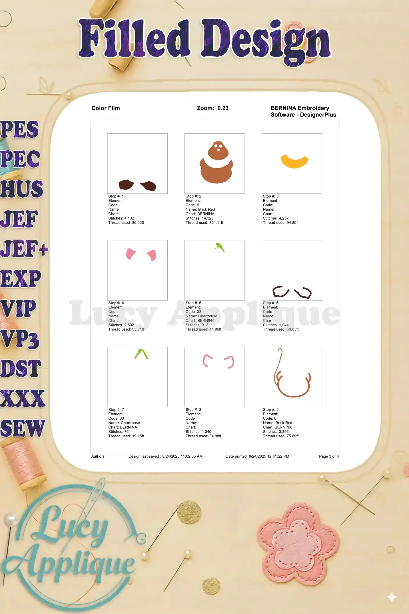 Color film for the Gus Gus embroidery design, showing a detailed view of each color stop and the corresponding thread used. A visual guide for embroiderers.