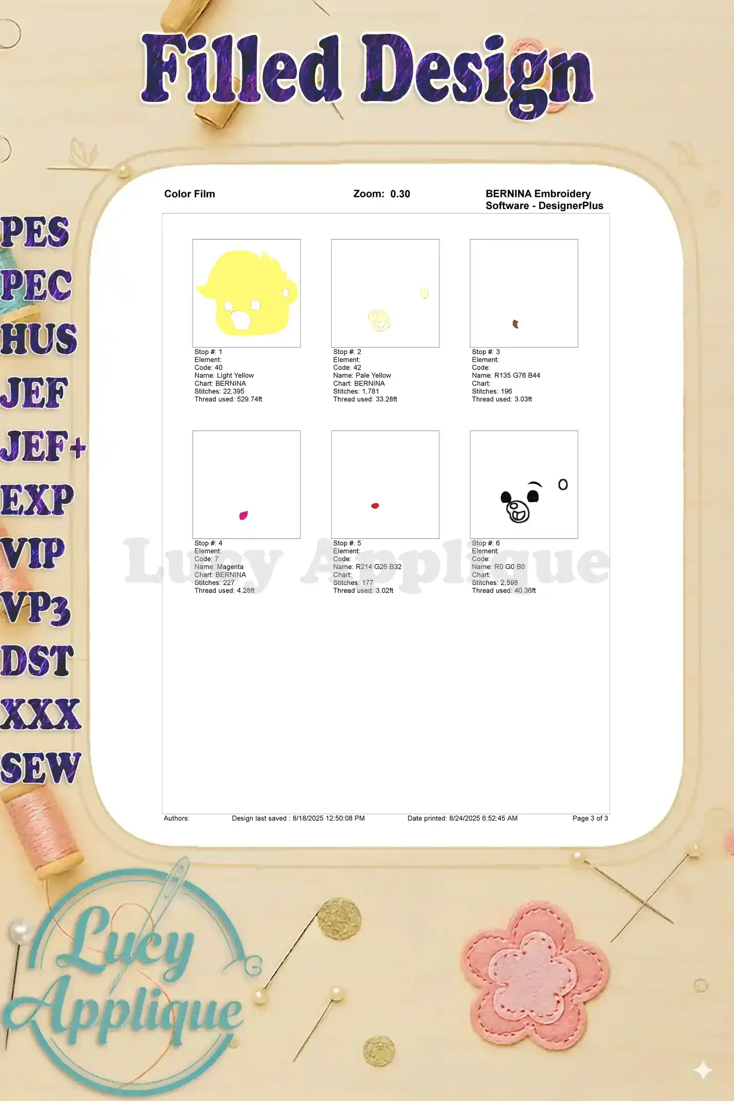 This color film visualizes the thread colors and their sequence for the Sunni Gummi embroidery design. Simple and clear instructions make the stitching process easier.