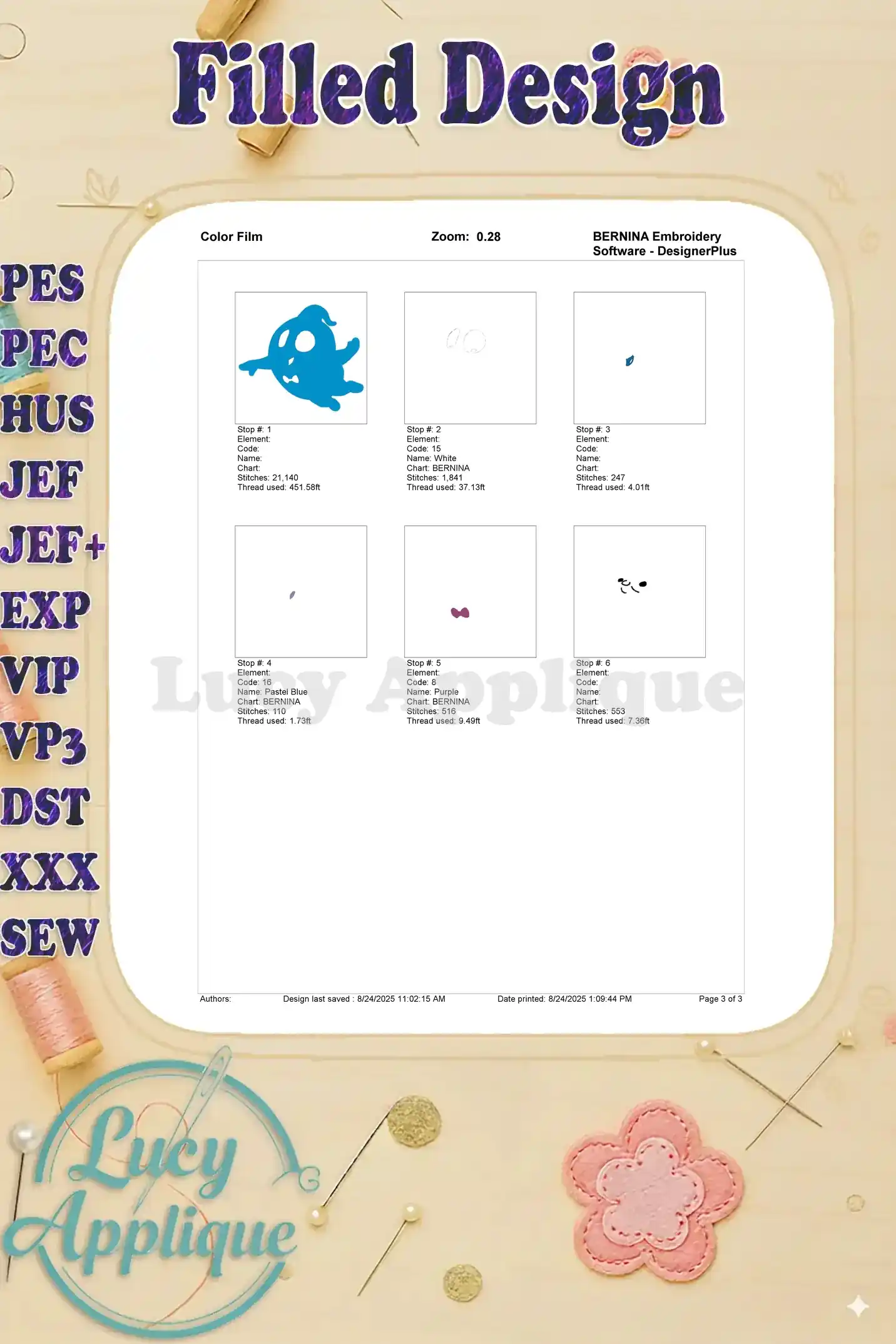 Color film for the Demi Vampirina Fill Embroidery Design 02, showing individual color steps and thread details for accurate embroidery.
