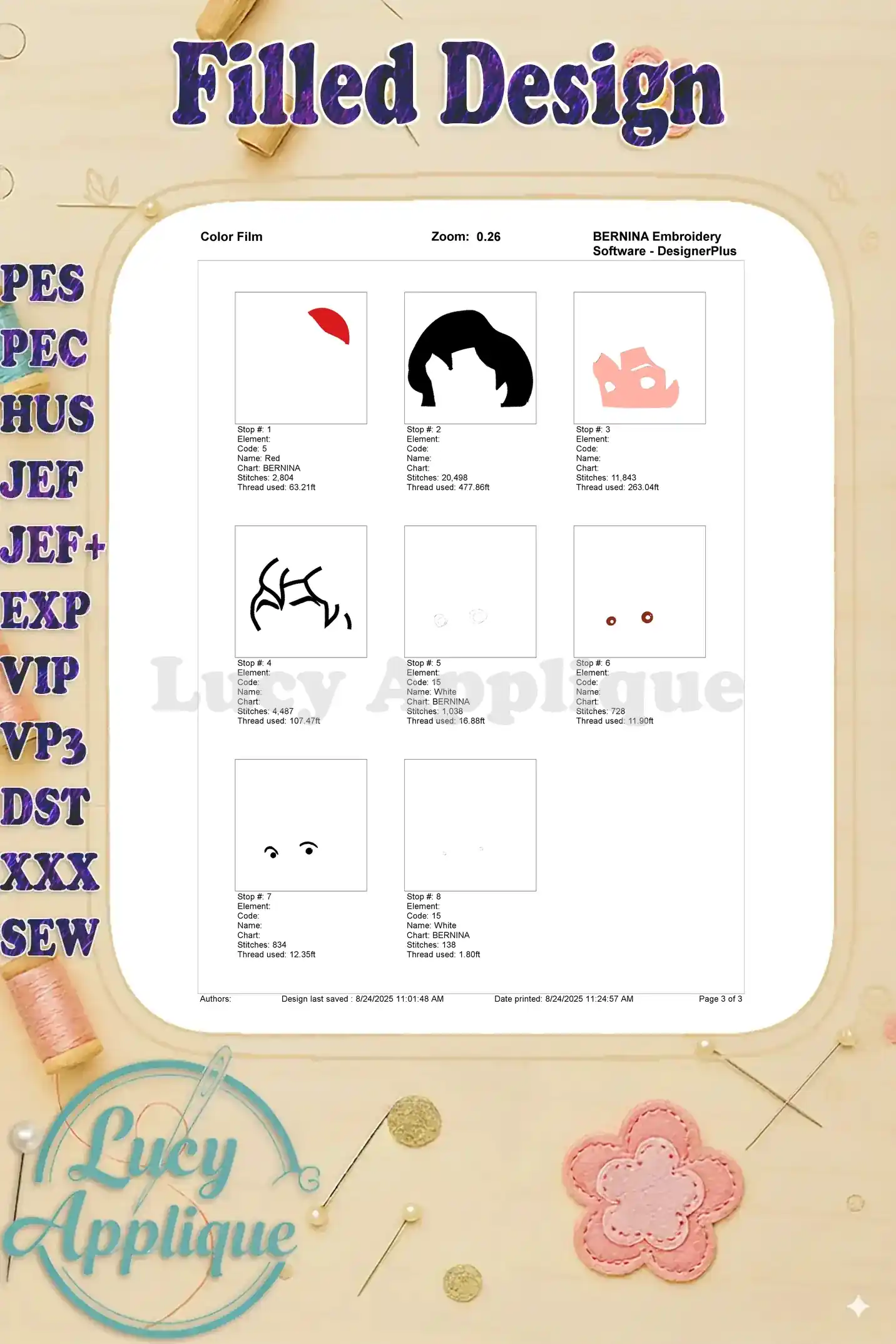 Detailed color film showing the thread colors used in each step of the Aladdin head embroidery design. A visual guide for perfect stitching.