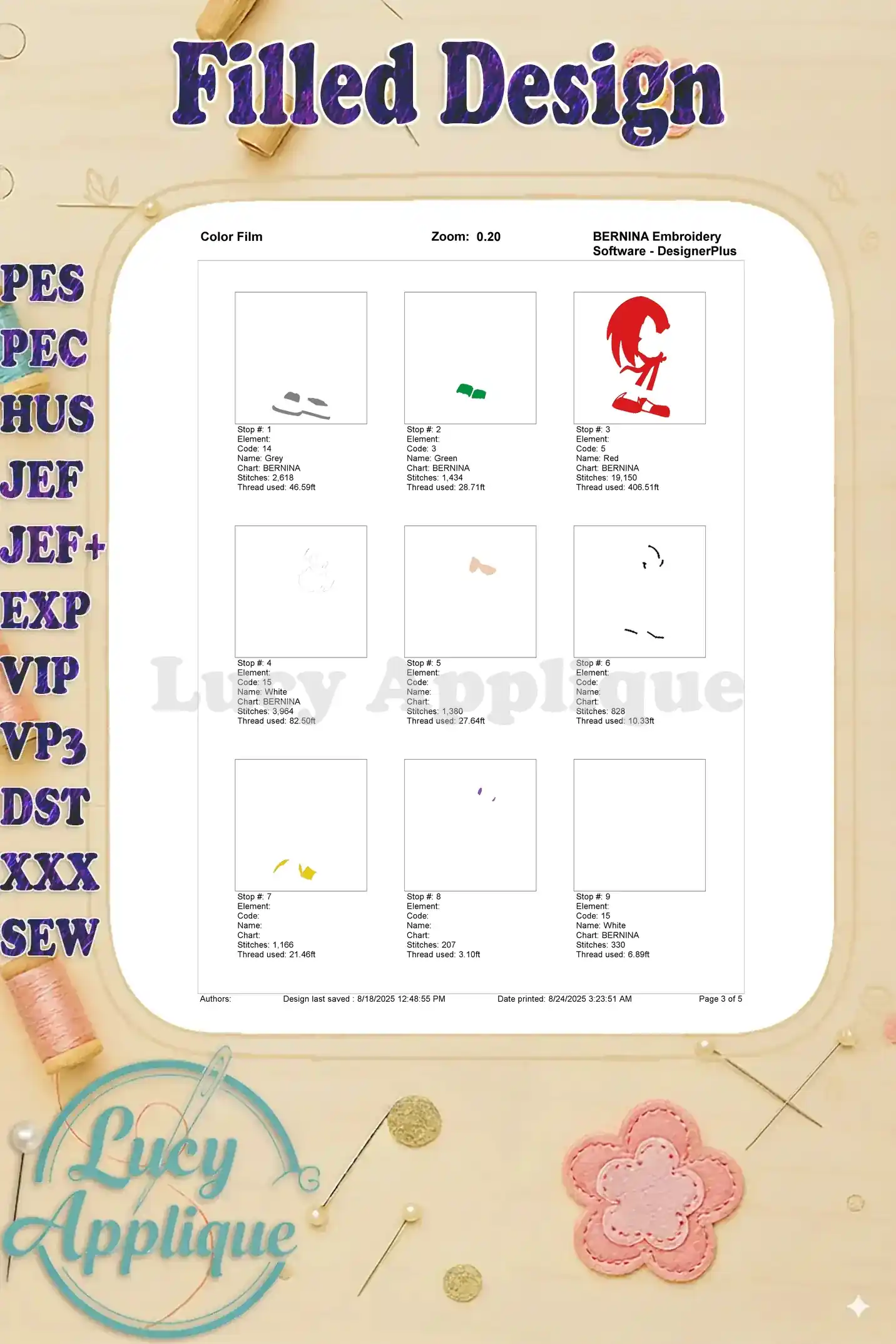 Color film showing individual steps and thread colors used in the Knuckles the Echidna embroidery design for easy reference.