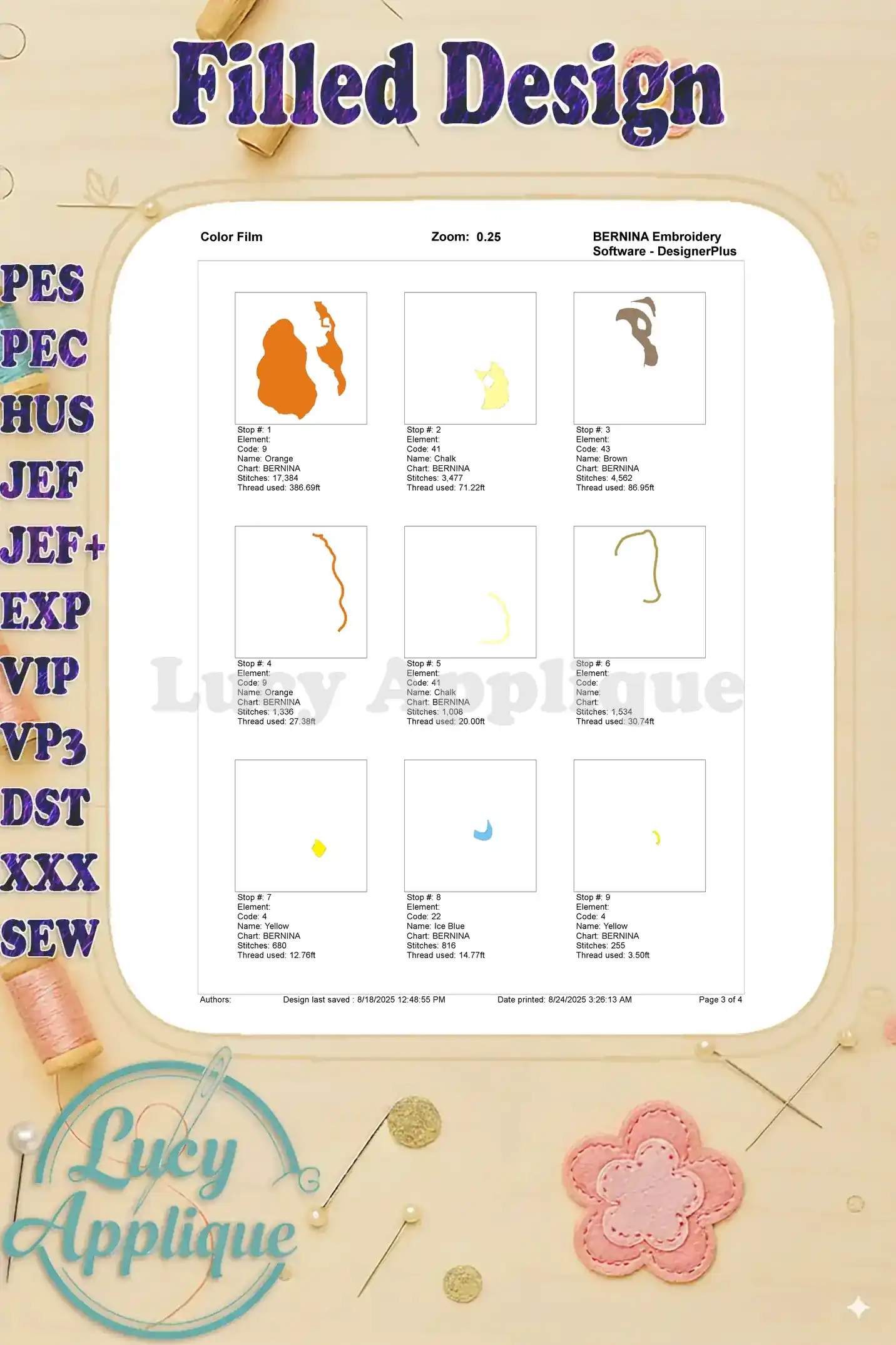 A color film showing the thread colors and their sequence in the Lady and the Tramp embroidery design, ensuring accurate color representation.