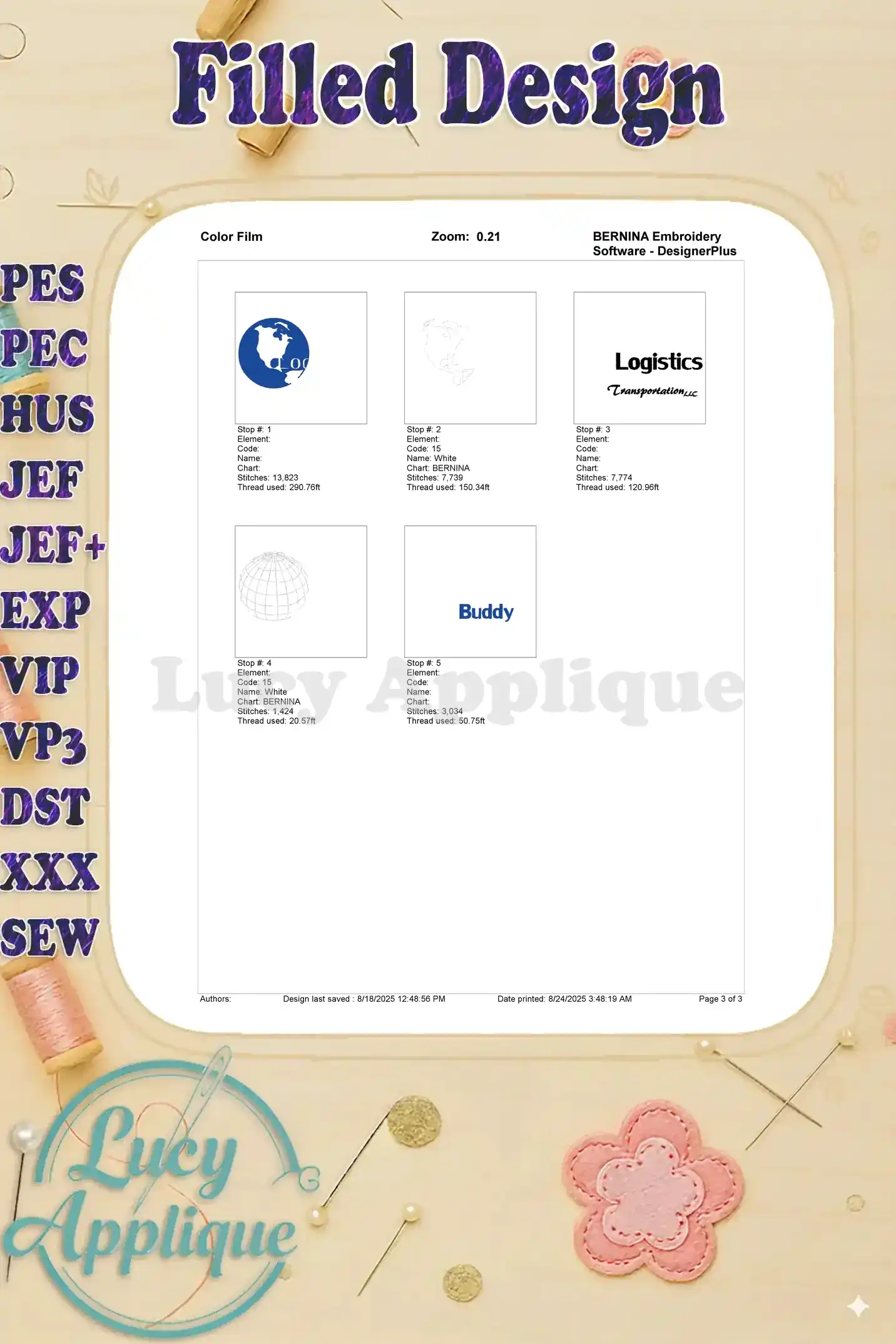 Color film for Logistics Buddy embroidery showing thread colors and their respective usage in the different steps of the design.