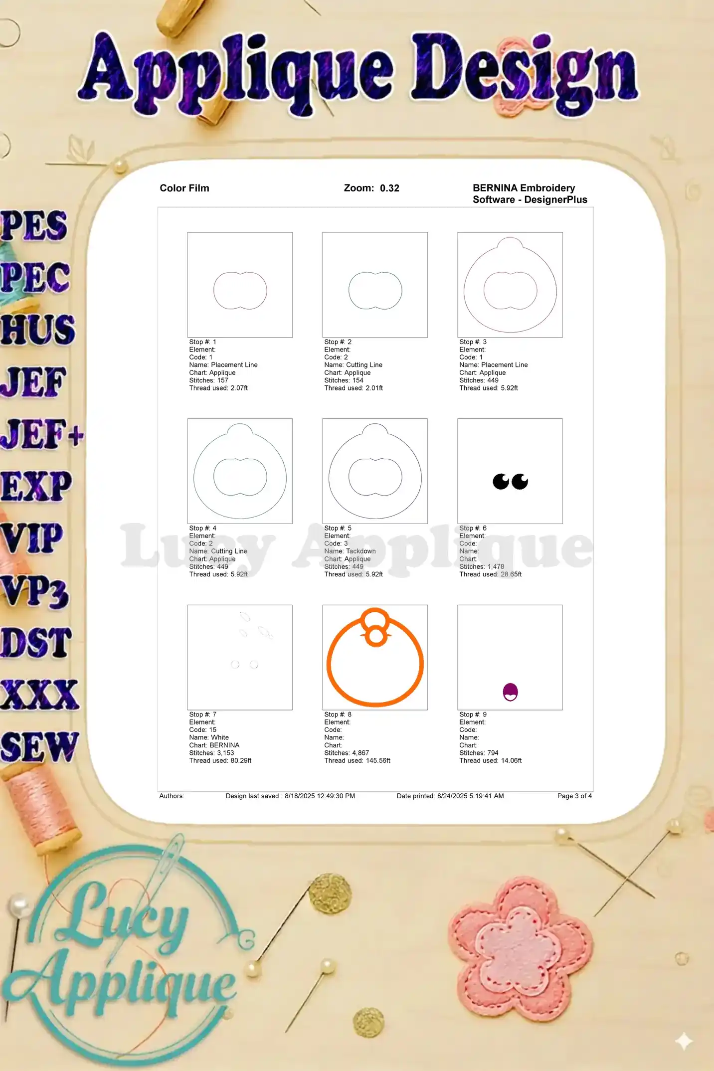 Color film for the Orange Jelly Applique showing different steps and thread colors, crucial for accurate embroidery of the design.