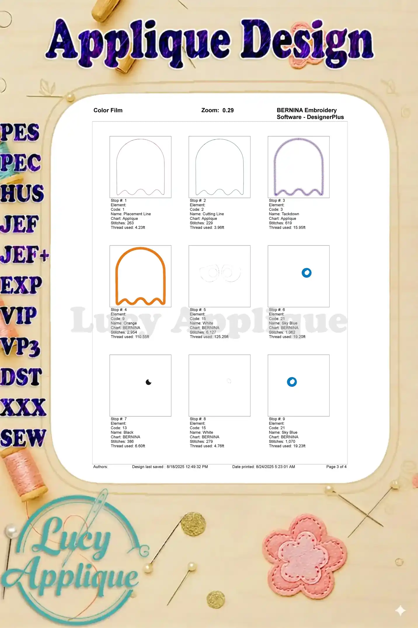 Color film showing the steps involved in the Pac-Man ghost embroidery design, with each step clearly illustrated and labeled with thread colors and stitch counts.