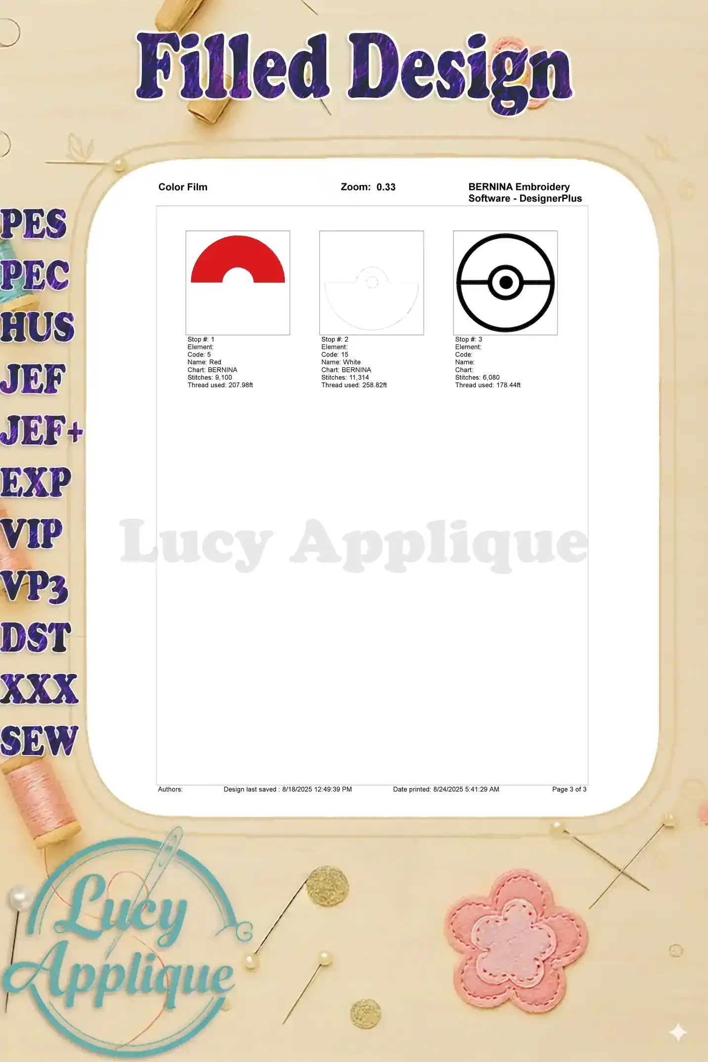 Color film showing the steps and thread colors used in the Pokeball embroidery design. A visual guide for embroiderers.