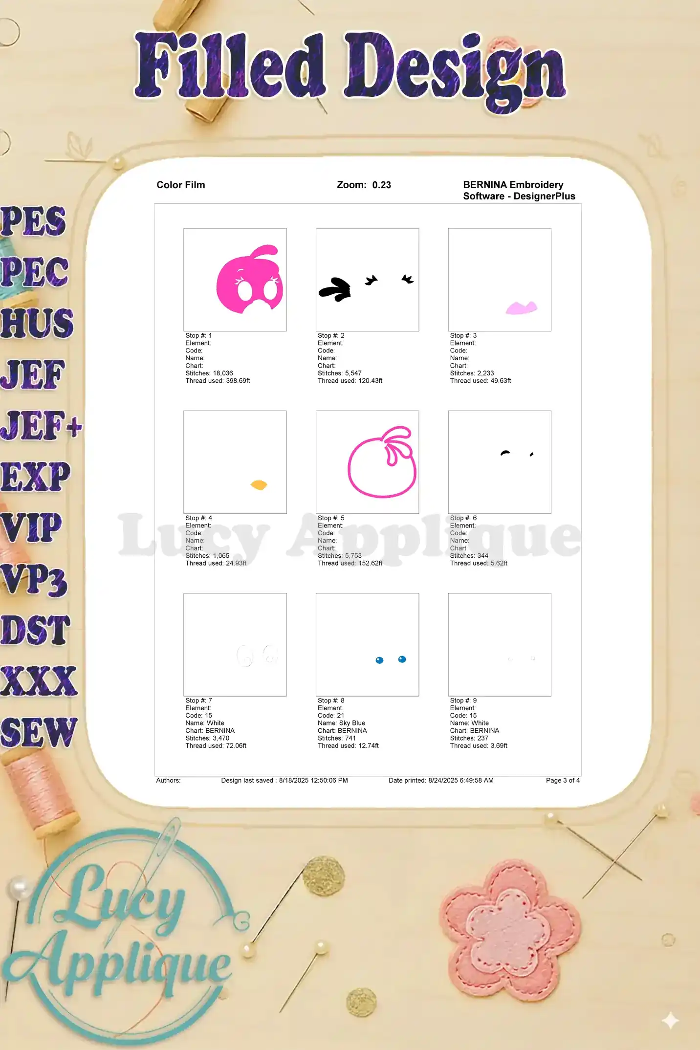 Color film for Stella Angry Birds embroidery, showing thread usage for each step. Clear visual for embroidery process!