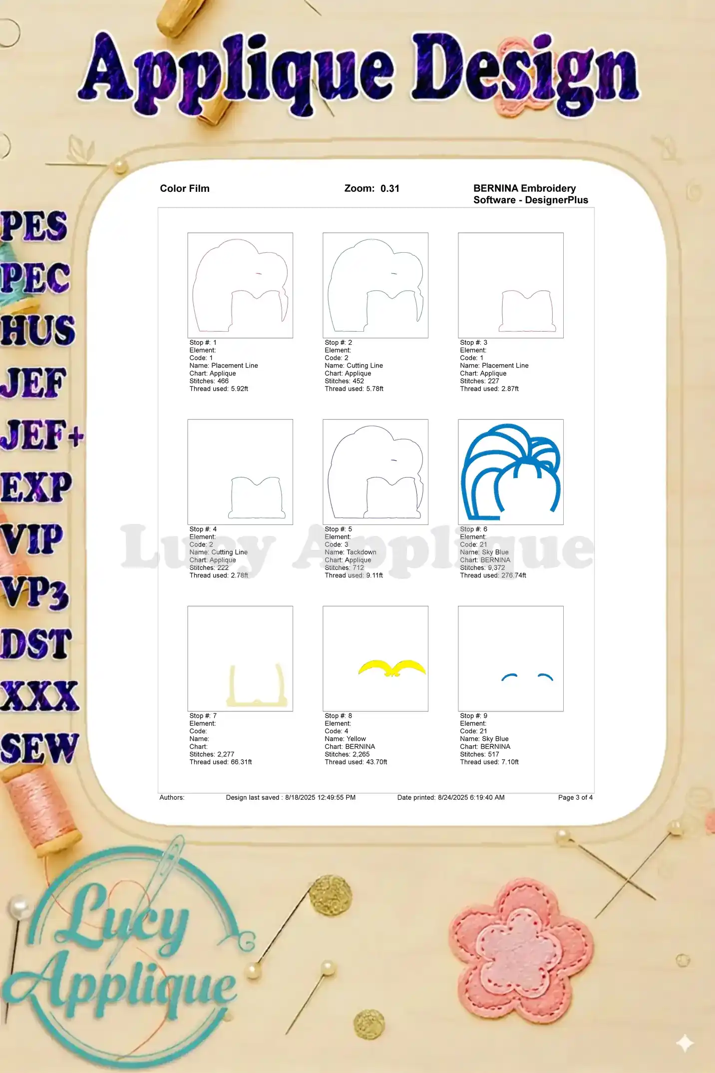 Color film showing the different steps and thread colors needed to embroider the Shimmer and Shine applique design. A visual guide for the embroidery process.