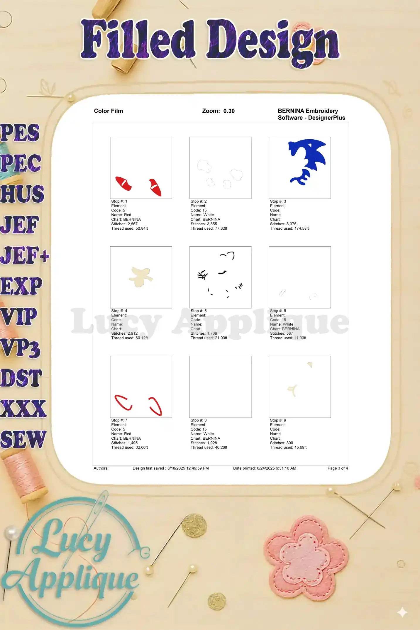 A color film showing individual thread colors and their corresponding stitch patterns in the Sonic the Hedgehog embroidery design.