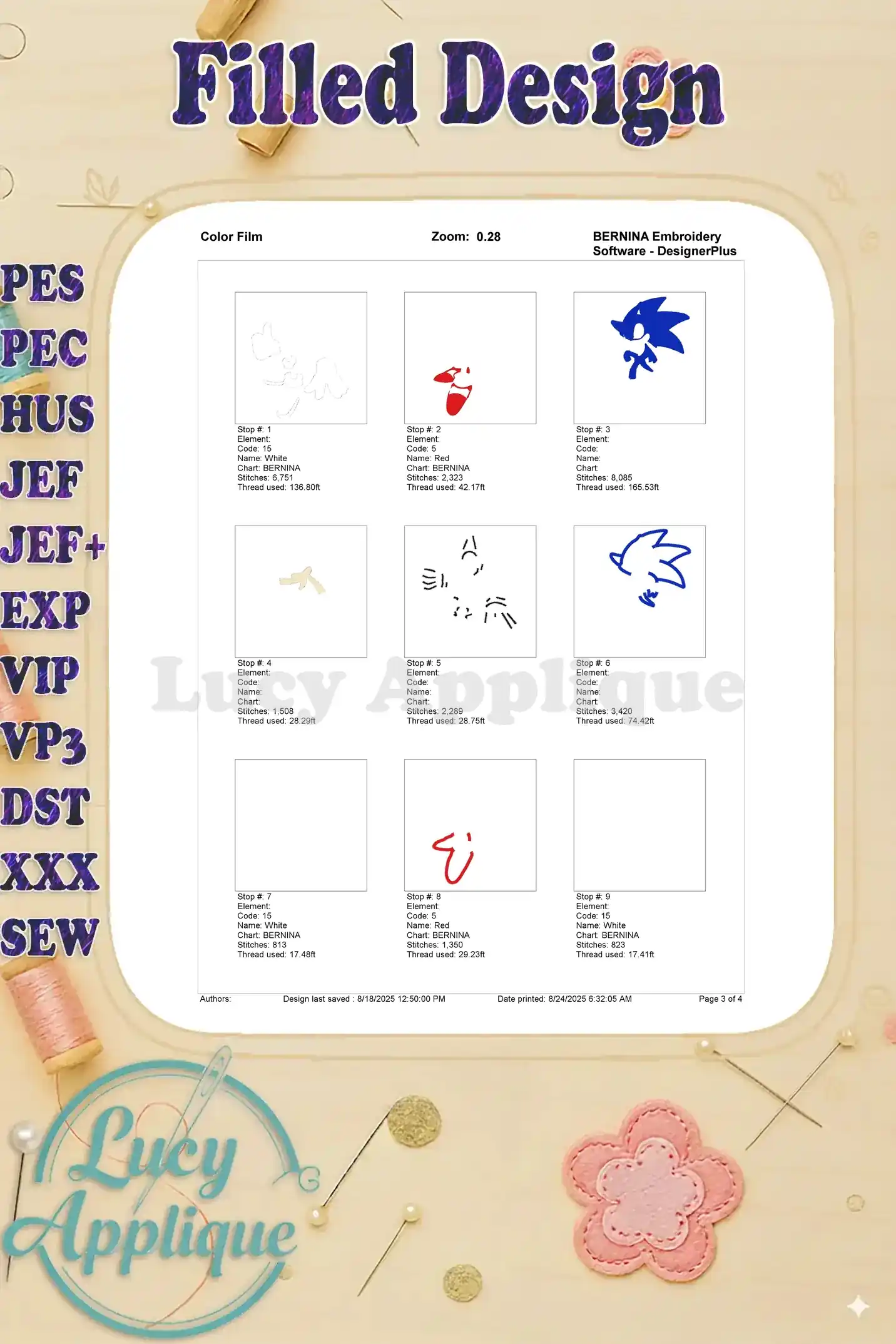 Color film showing the different steps and thread colors used in the Sonic the Hedgehog embroidery design. Convenient visual reference.