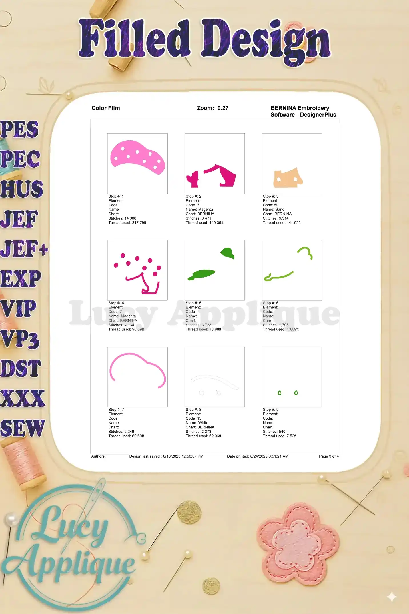 Color film for the Strawberry Shortcake embroidery design, showing thread colors and stitch sequence for each step. Useful for embroidery.