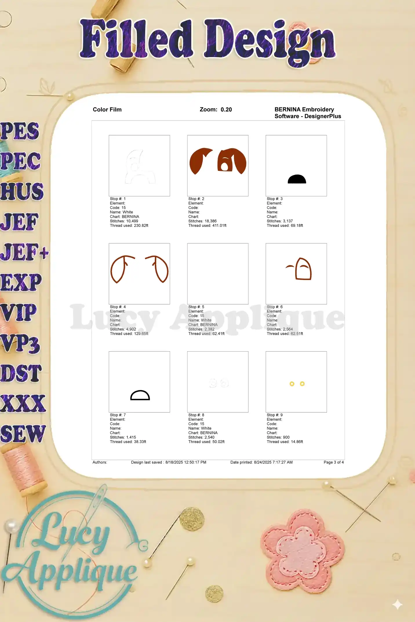 Color film for the Max applique embroidery design, illustrating each step with numbered thread colors for precise stitching.