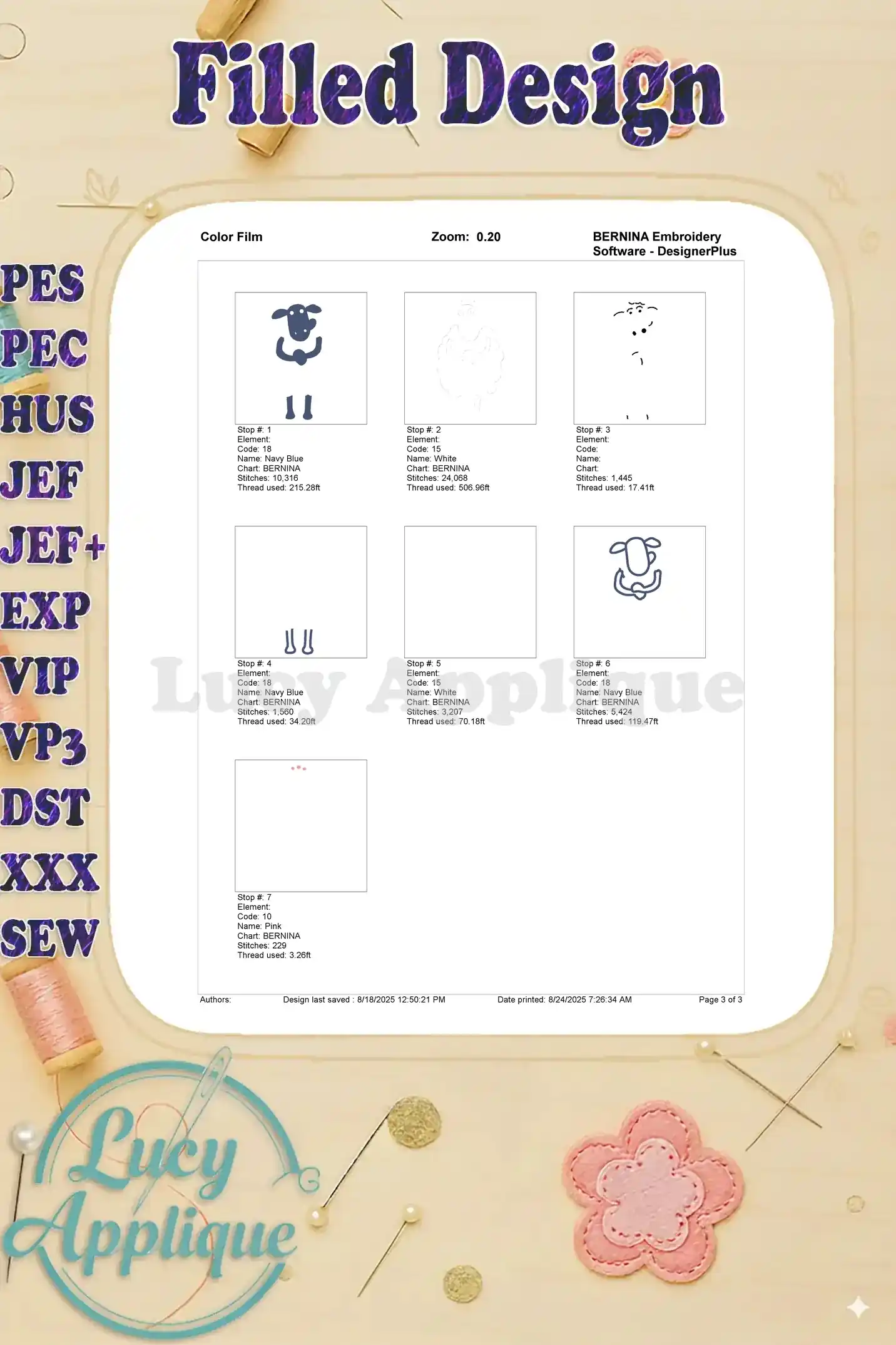 Color film for the Timmy Mother Shaun the Sheep filled embroidery design, showing thread colors and their corresponding stitch sequences.