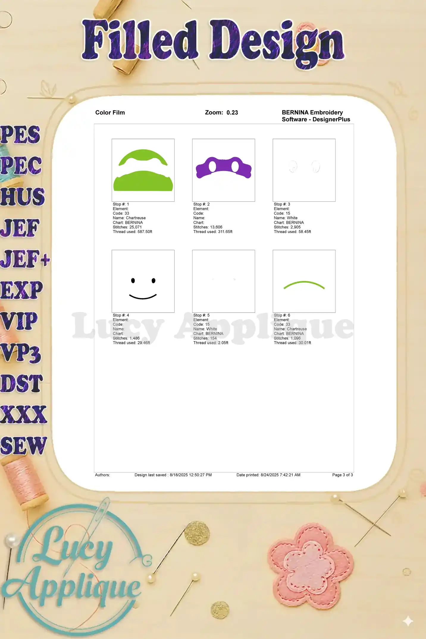 Color film showing six steps for embroidering the Teenage Mutant Ninja Turtle design. Each step shows the thread color and the corresponding part of the design.