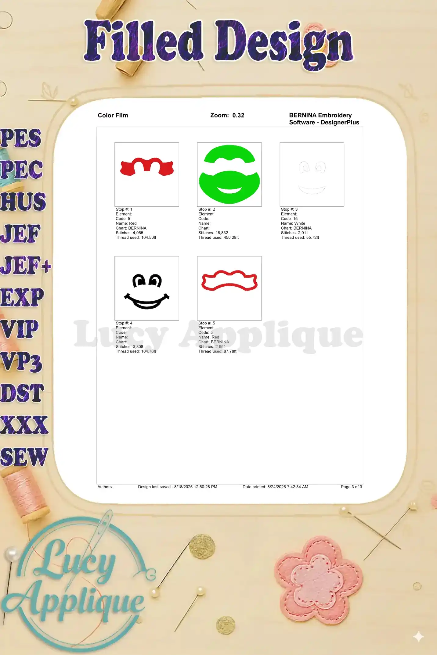 Color film showing the thread colors used in the different steps of the Raphael embroidery design, providing a visual guide for thread selection.