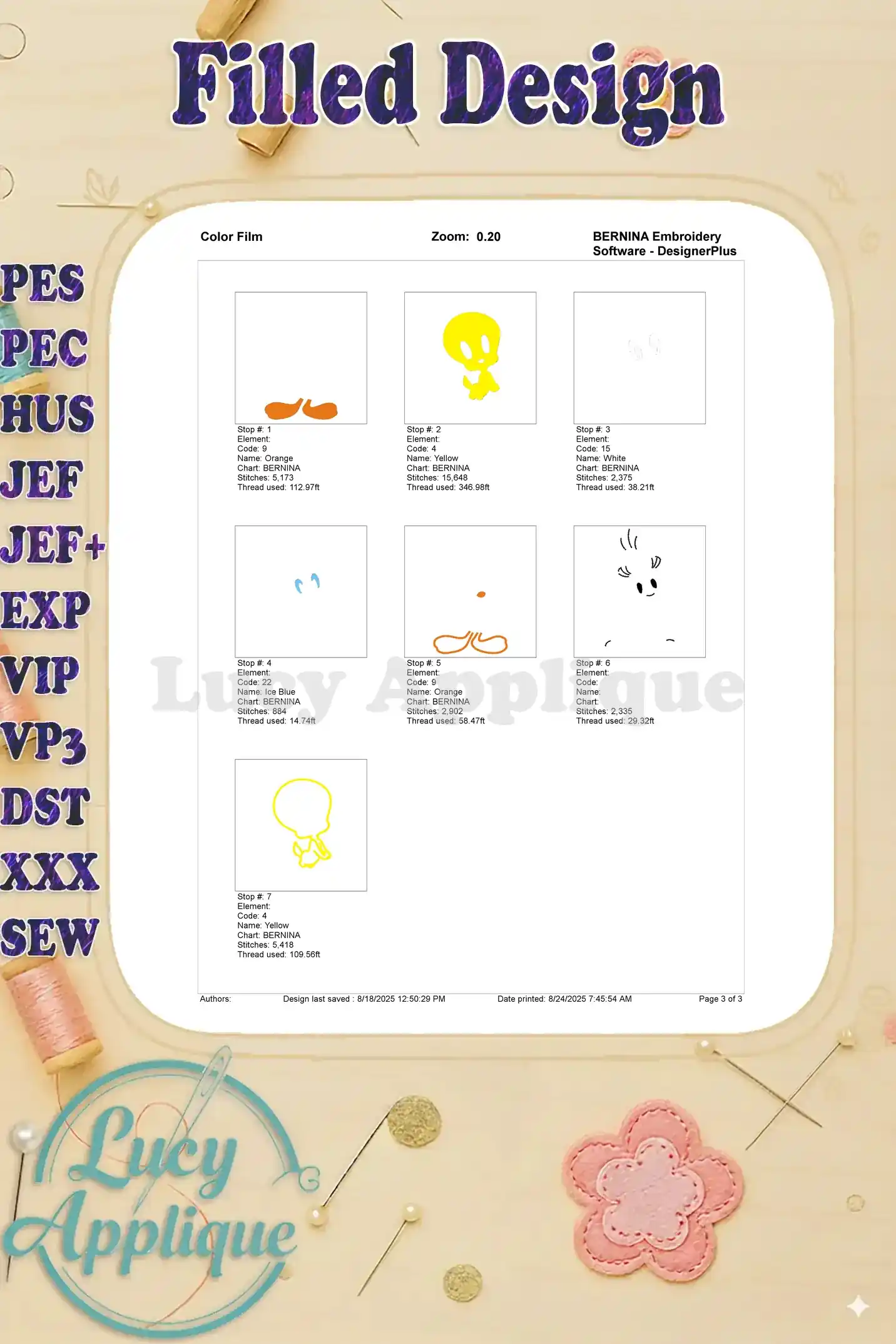 Color film for Tweety Bird embroidery showing individual color sections and their corresponding thread details. This is useful for selecting the right thread colors.