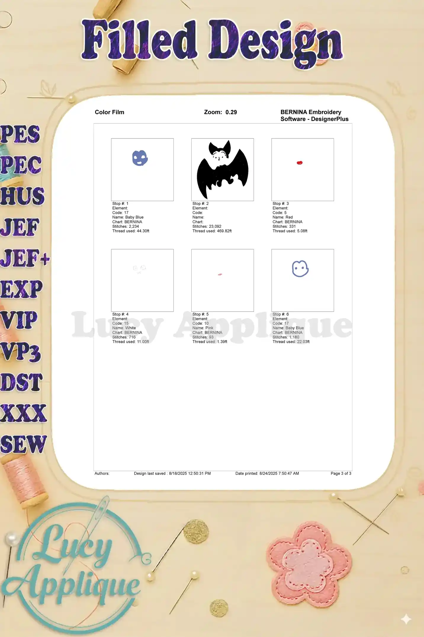 Color film showing thread colors and their corresponding steps in the embroidery process for the Vampirina bat design.