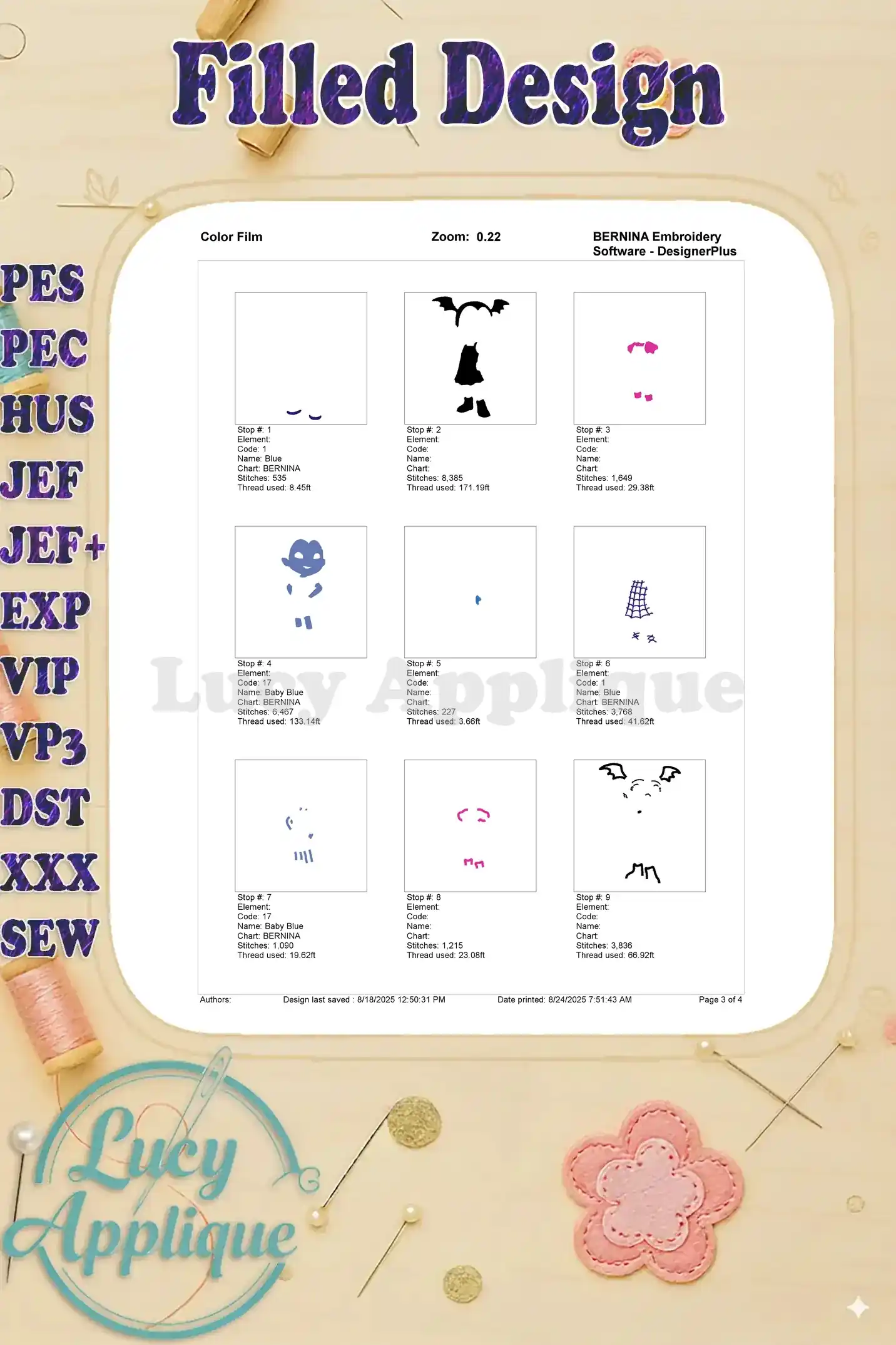 Color film showing individual sections of the Vampirina embroidery design, with color codes and thread information.