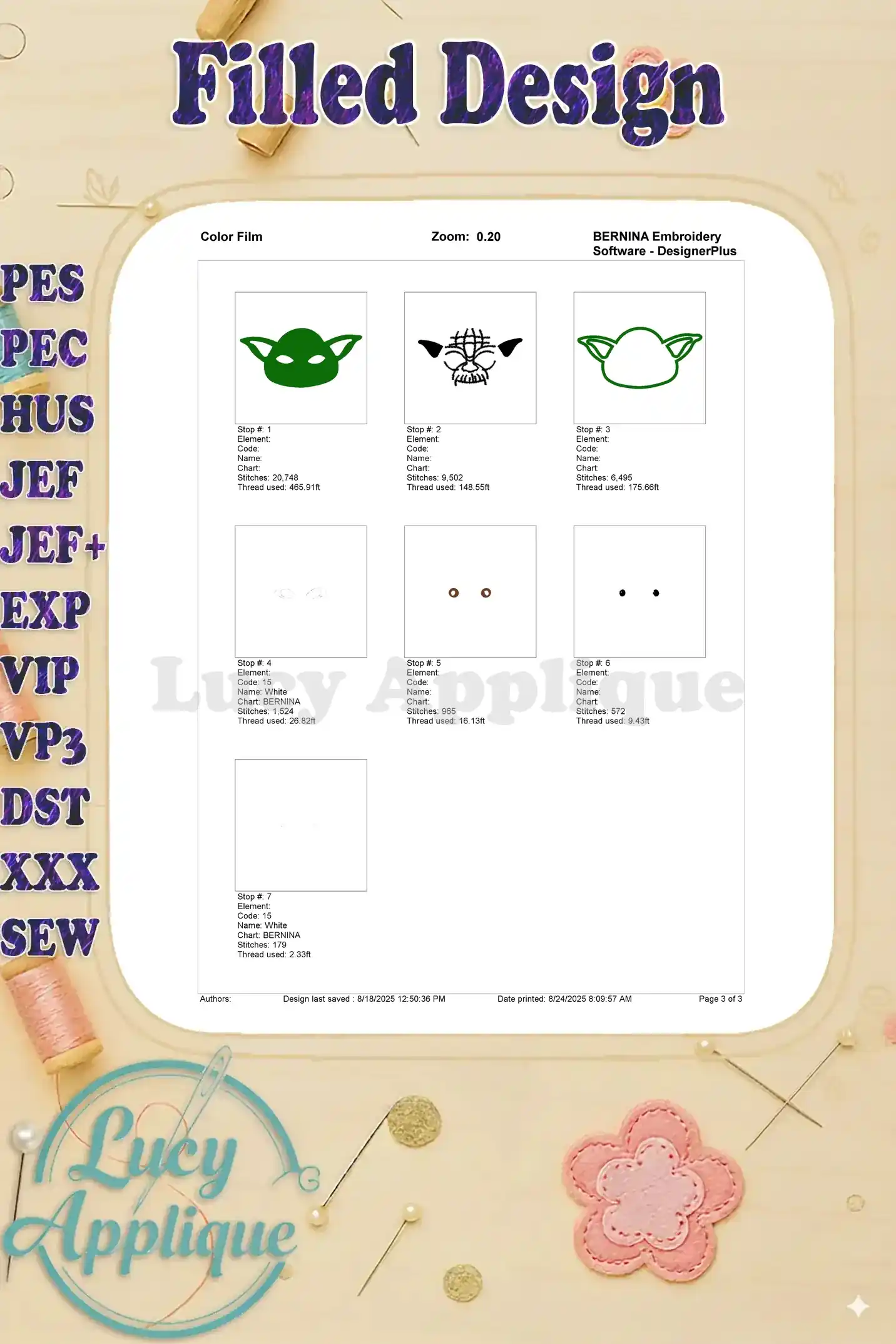 A color film showing the steps and thread colors used in the Yoda embroidery design. This helps users visualize the embroidery process step-by-step.
