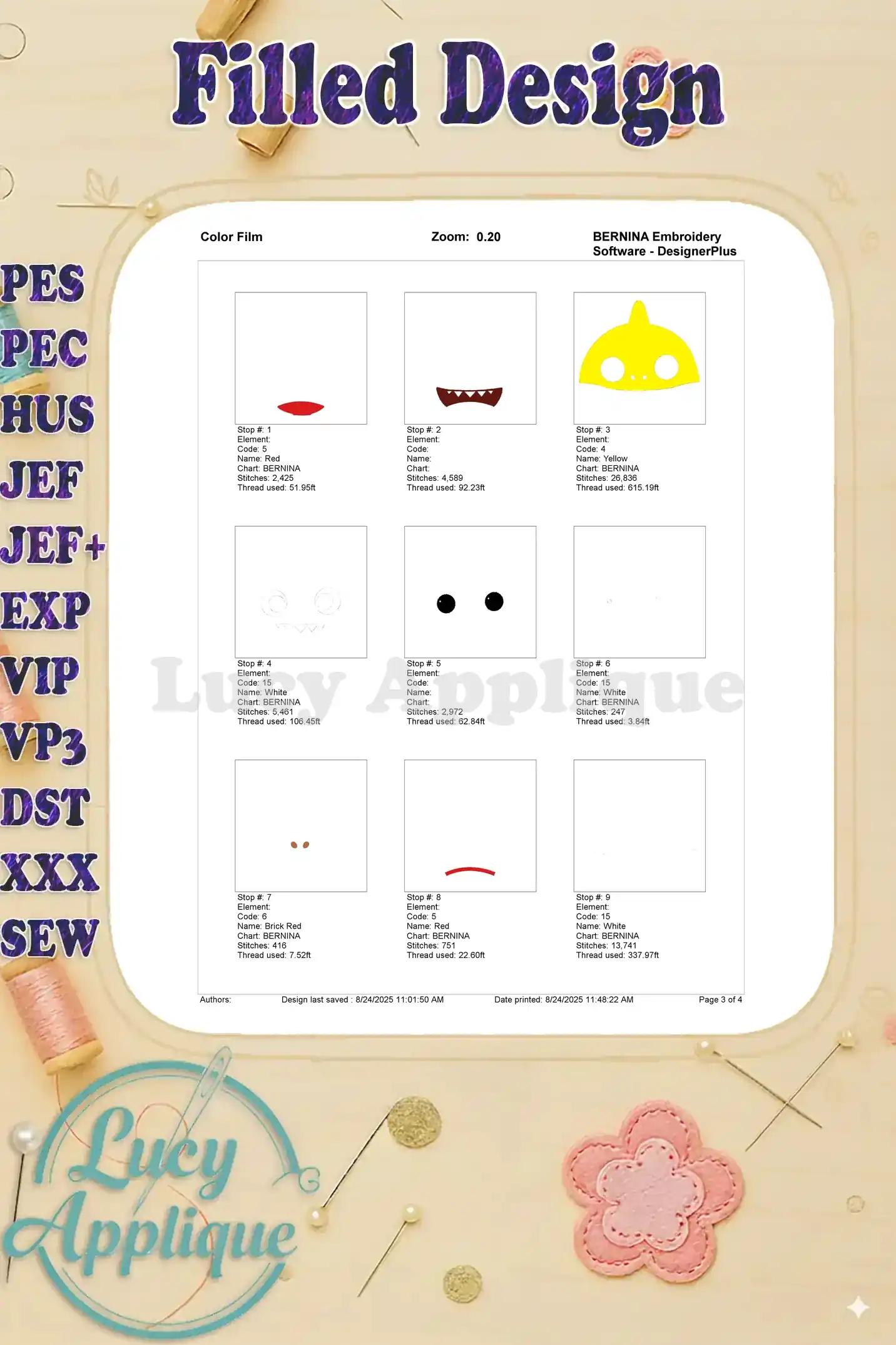 Baby Shark Embroidery Color Film. A visual guide showing the color placement and thread usage for each step in the Baby Shark embroidery process.