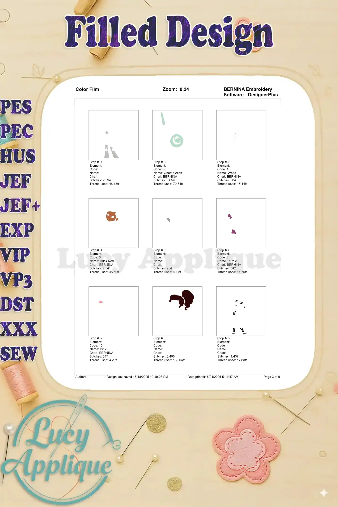 Color film showing individual thread color sections for the Nella the Princess Knight embroidery design, facilitating easy color selection and organization.