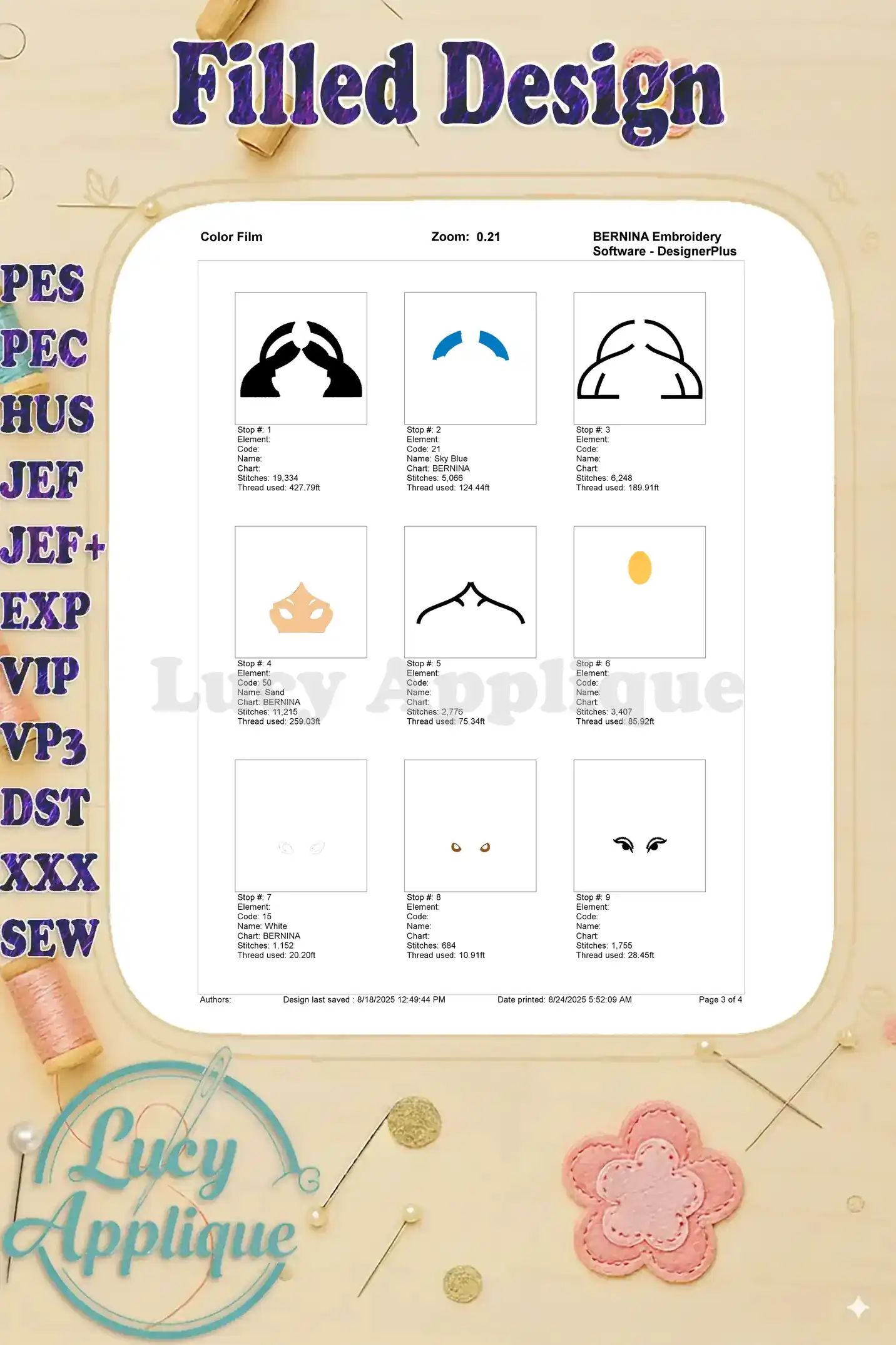 A color film showing individual steps and thread colors used in the Princess Jasmine embroidery design. Each step is clearly labeled and illustrated.