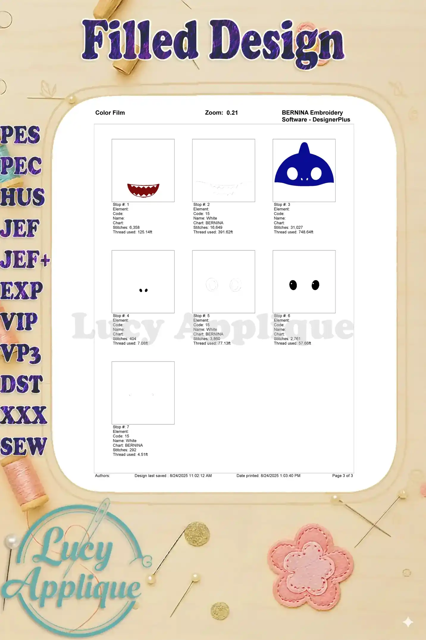 Color film for the Baby Shark embroidery design, showing the different color sections and thread usage.
