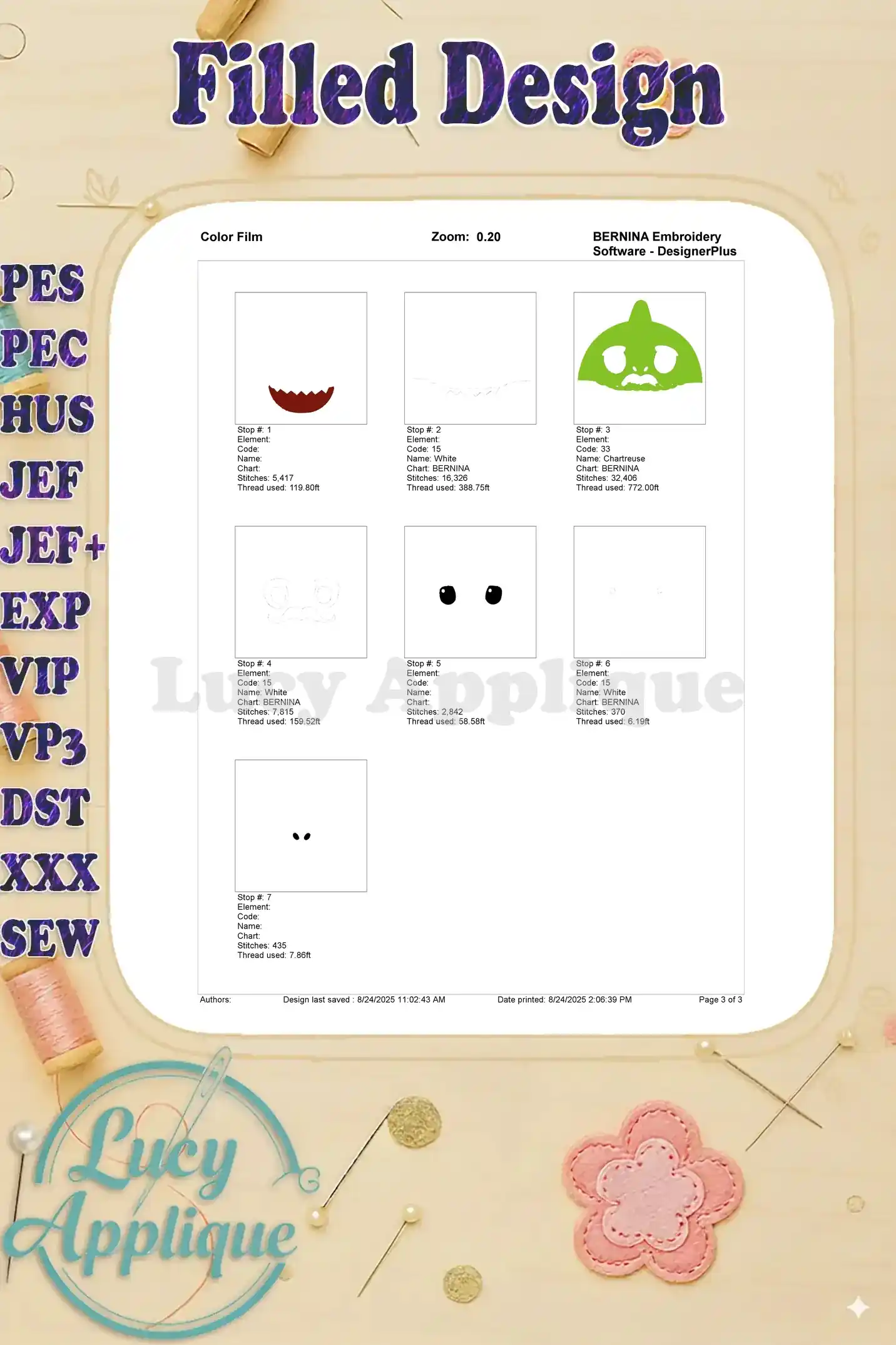 Color film for Grandpa Shark embroidery showing thread colors and their corresponding stitch areas. Helps visualize the color arrangement during stitching.