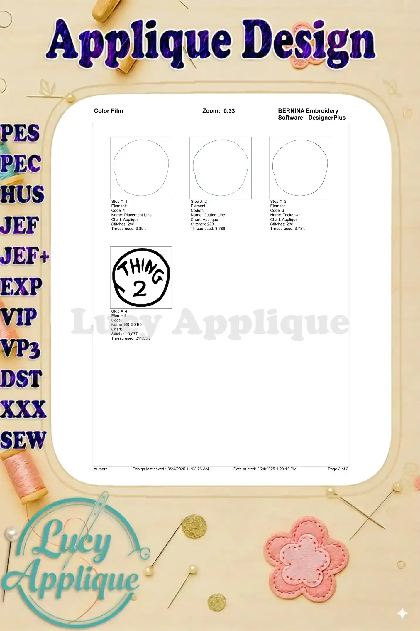 Color film showing the different steps and thread colors used in the Thing 2 applique embroidery design, providing a visual guide for stitching.