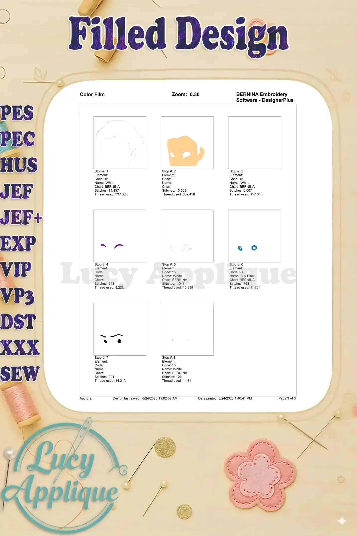 Color film displays individual color sections of the Elsa embroidery design. Each section shows the thread color, code, and stitch count. Helpful for understanding the design's color scheme.