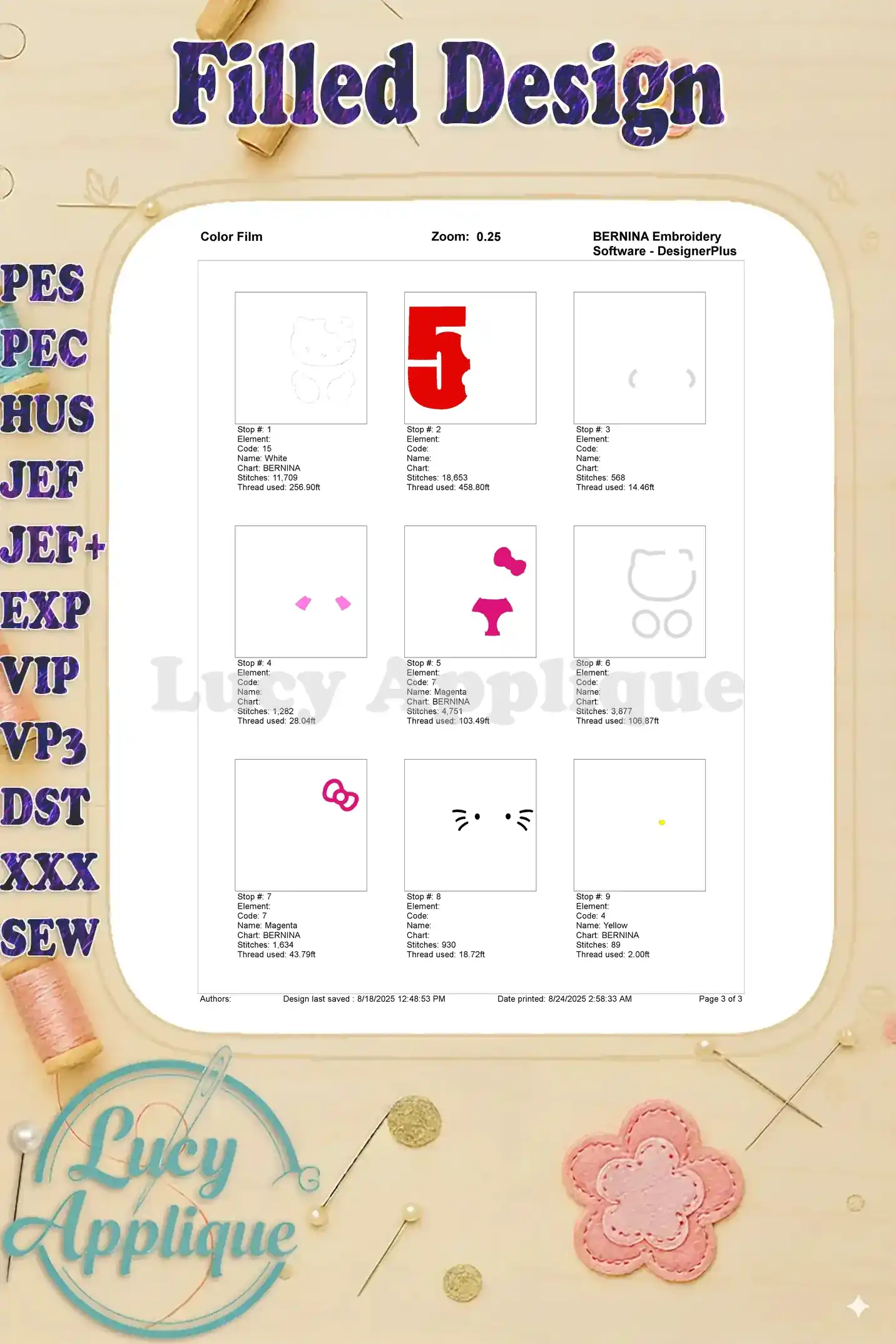 Color film for the Hello Kitty 5th birthday embroidery design, showing different embroidery sections with their respective thread colors and numbers.