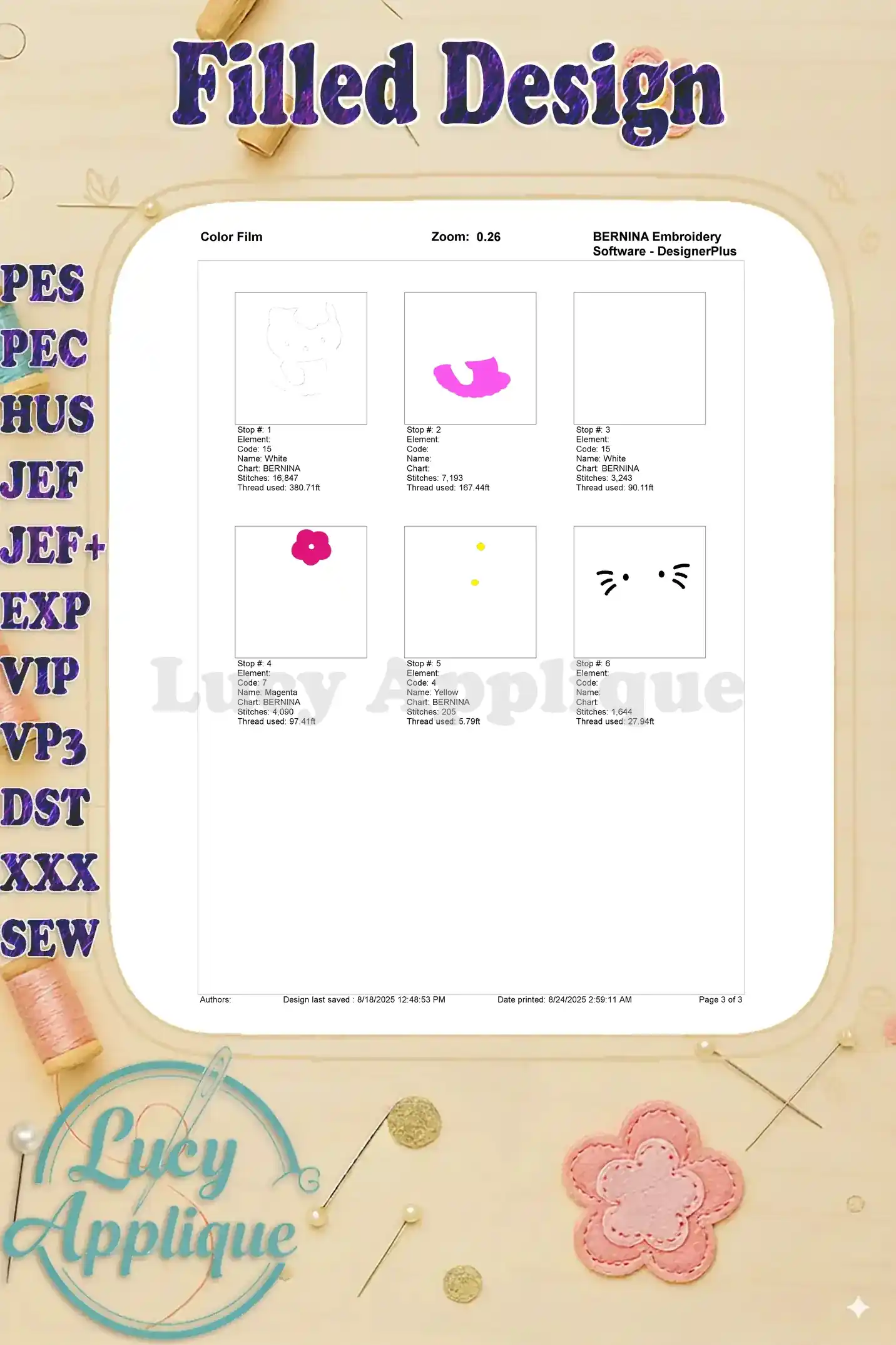 Color film for the Hello Kitty embroidery design, showing thread colors and stitch sequence. Each step is clearly numbered for easy reference.